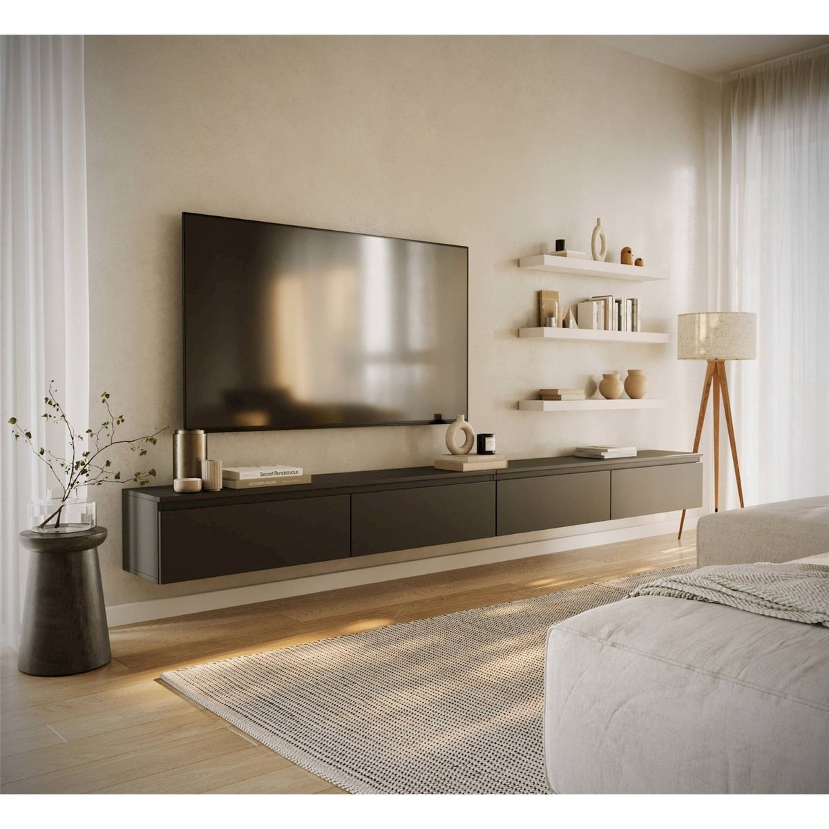 Meuble tv suspendu collection BEMMI cachemire, RECOLLECTION