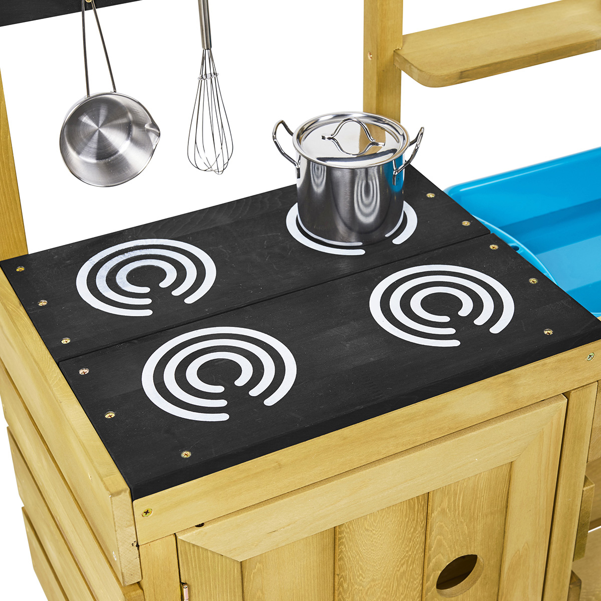 Cuisine extérieure en bois pour enfant marron - bleu - noir, CEMONJARDIN
