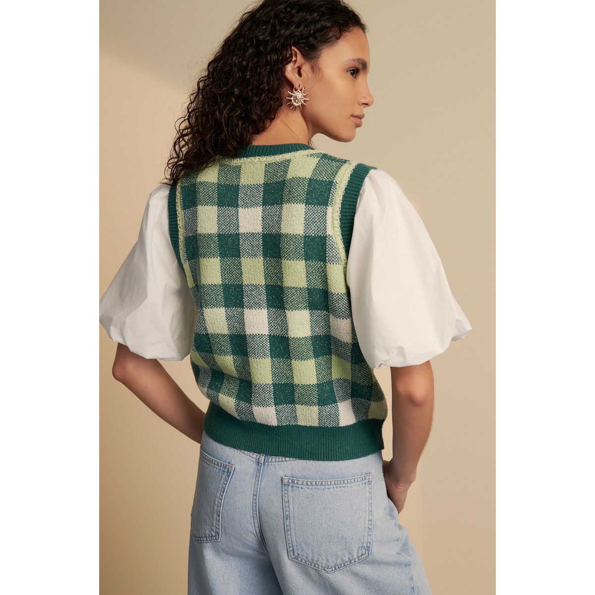 Pull vichy avec débardeur superposé en maille vert, NEXT