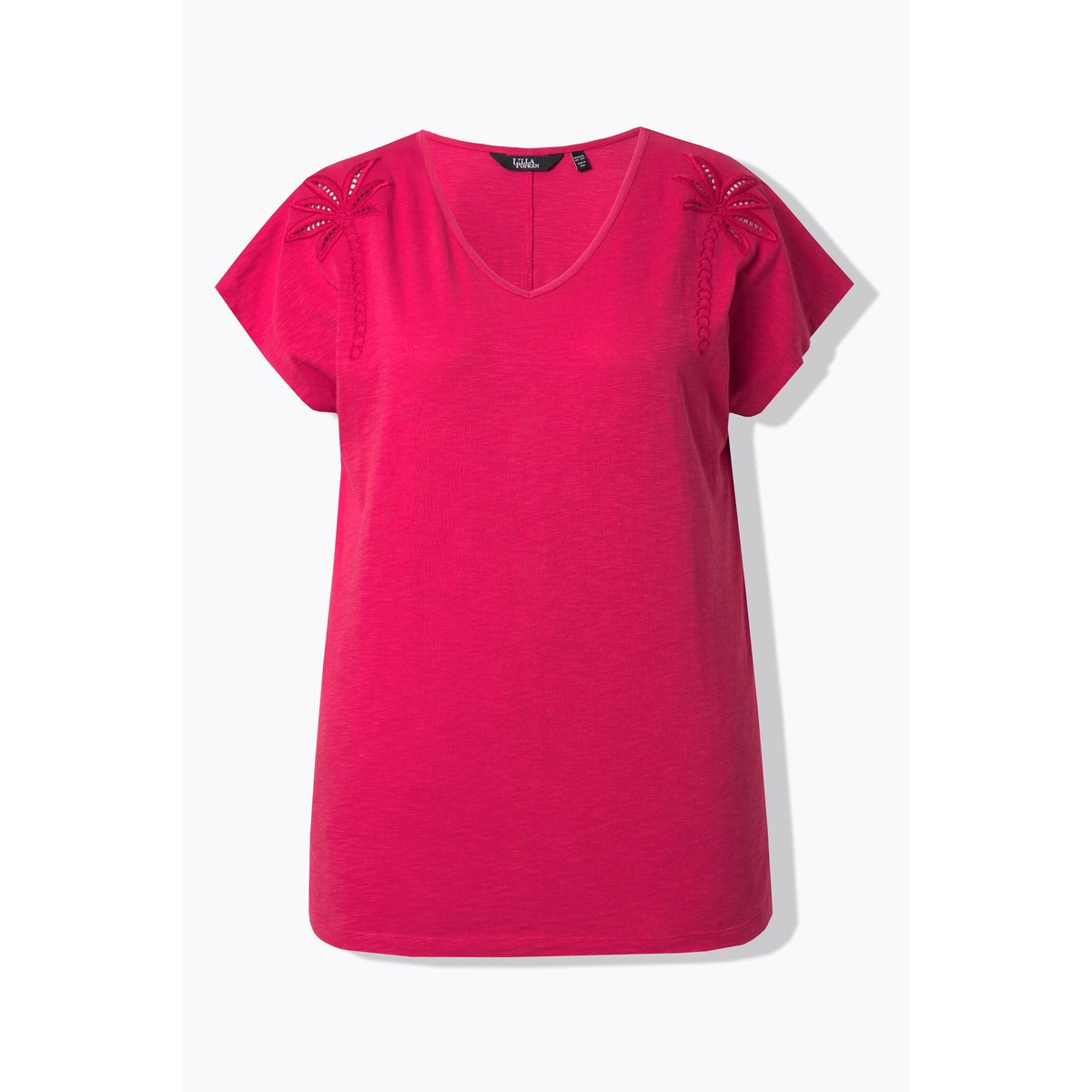 T-shirt, motif palmiers, oversize, col V framboise foncé, ULLA POPKEN