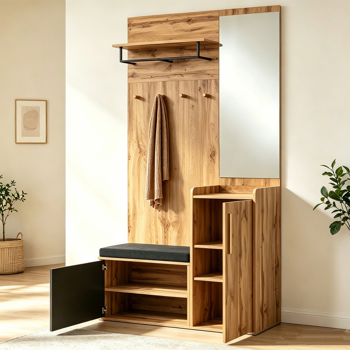 Vestiaire d'entrée avec miroir banc et rangement, PORTER-H hêtre, MEUBLES COSY