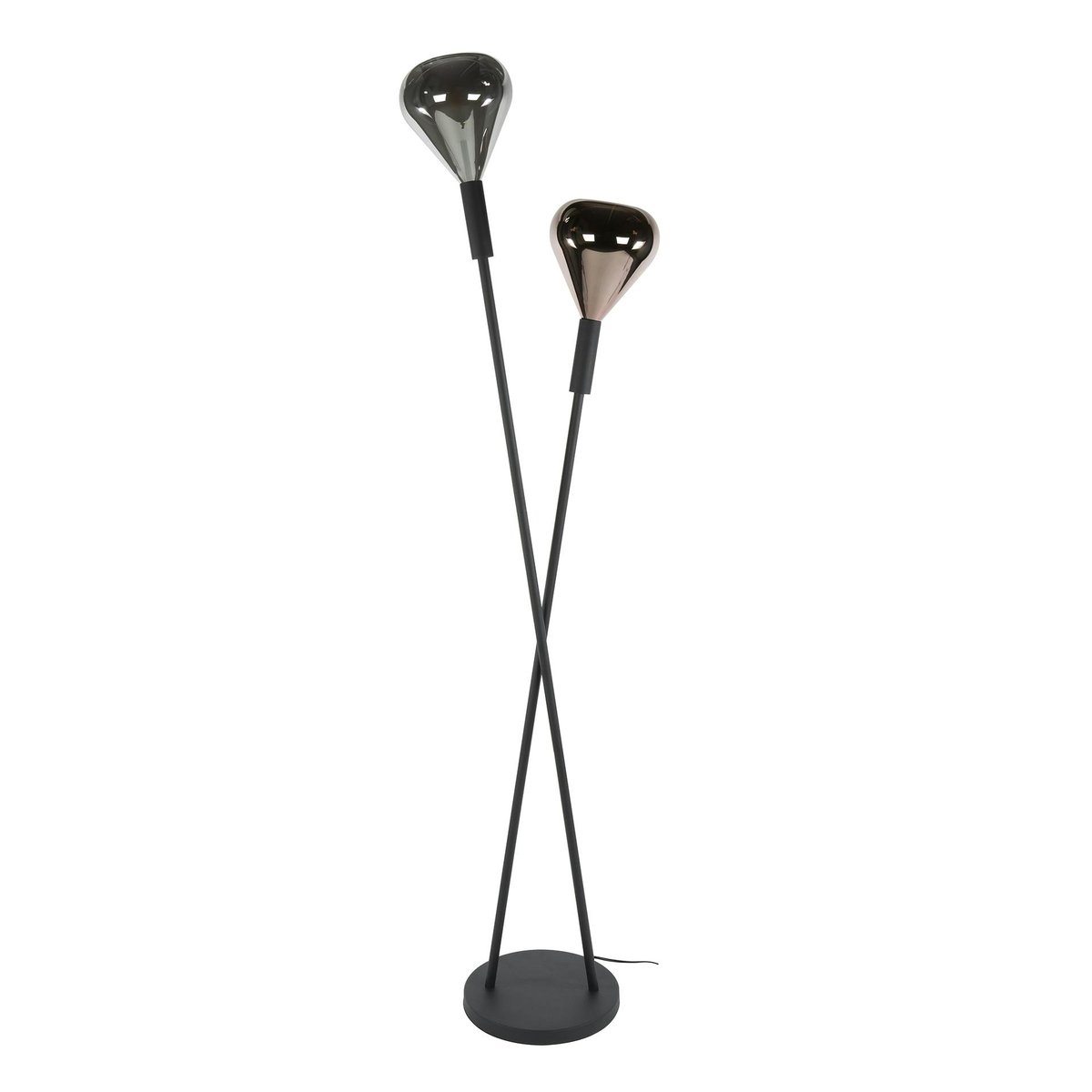 Lampadaire design tiges croisées, 2 abat-jour gouttes NIAGARA chrome, PIER IMPORT