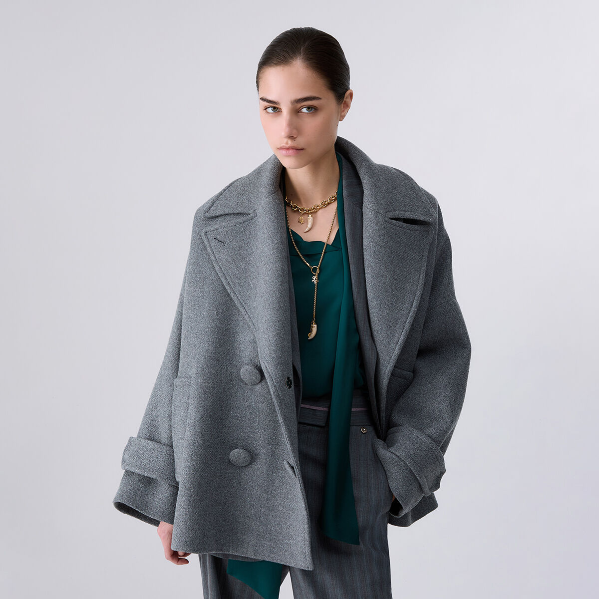 Manteau en laine oversize gris chiné, LIU JO
