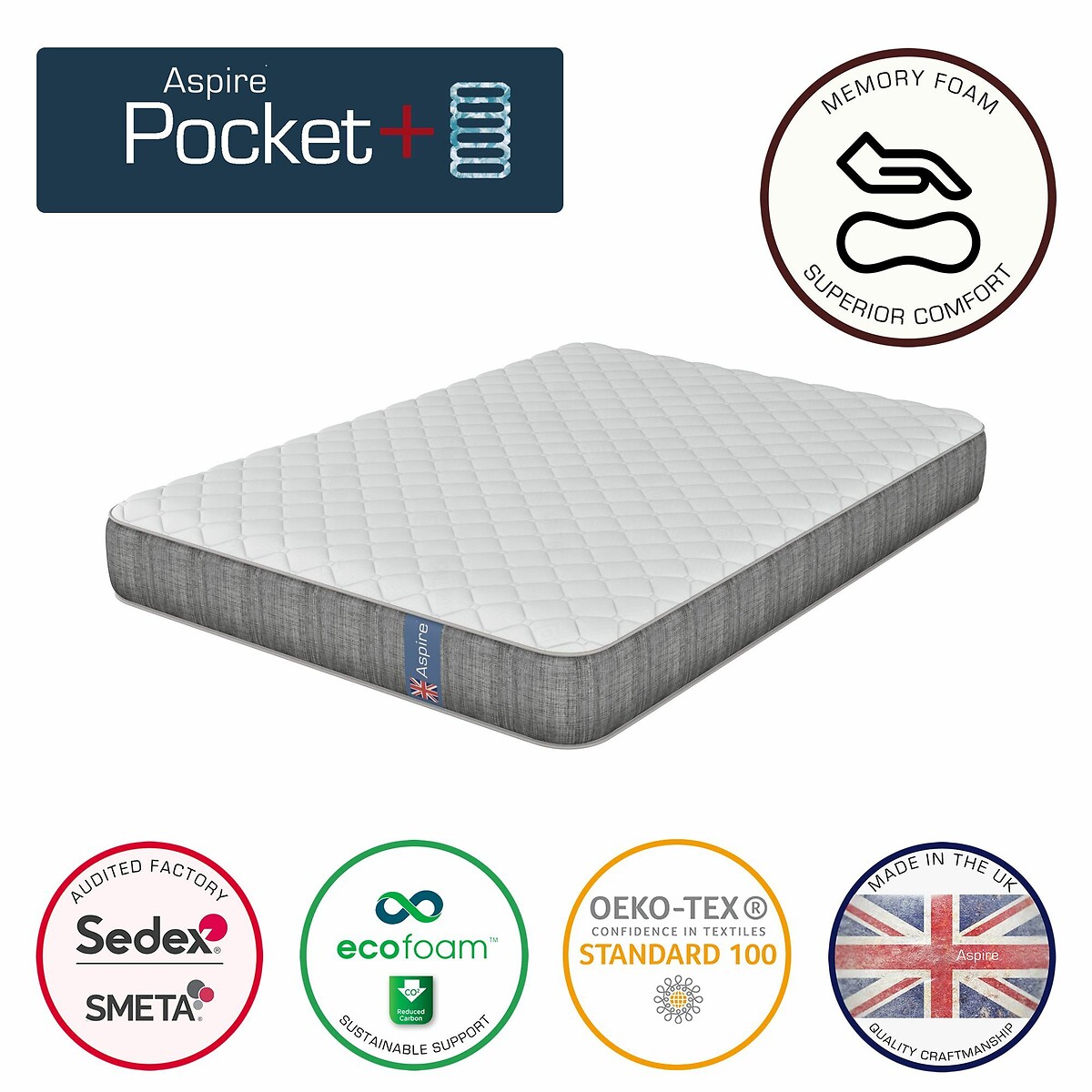 Kids Pocket Sprung Memory Foam Hybrid Mattress with OEKO-TEX Fabric white, ASPIRE