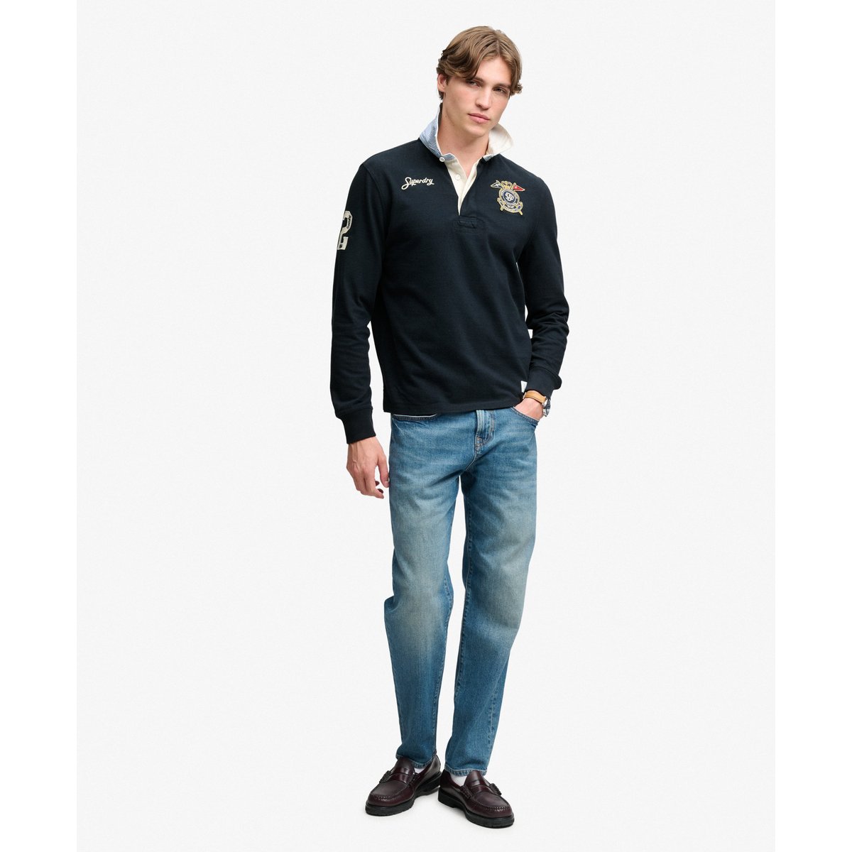 Rugby Shirt Double Emblem Coupe Décontractée bleu marine éclipse, SUPERDRY