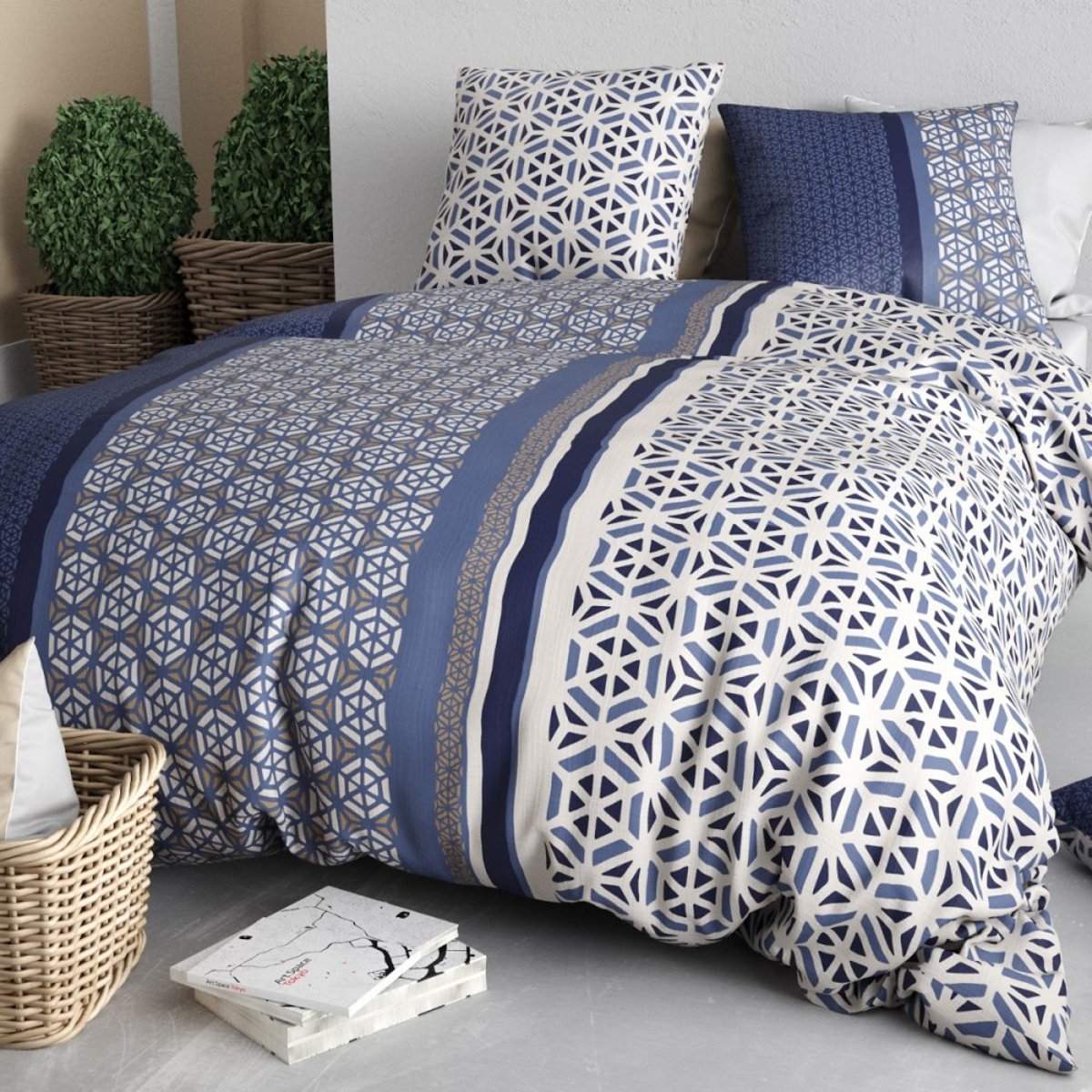Housse de couette 260x240 + 2 taies en coton 57 fils bleu, DECORATIE