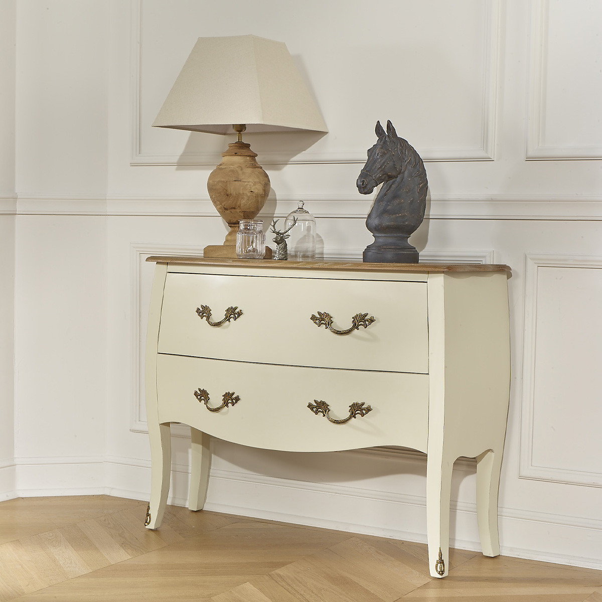 Commode style shabby chic, plateau chêne, 2 tiroirs AQUITAINE blanc, ROBIN DES BOIS
