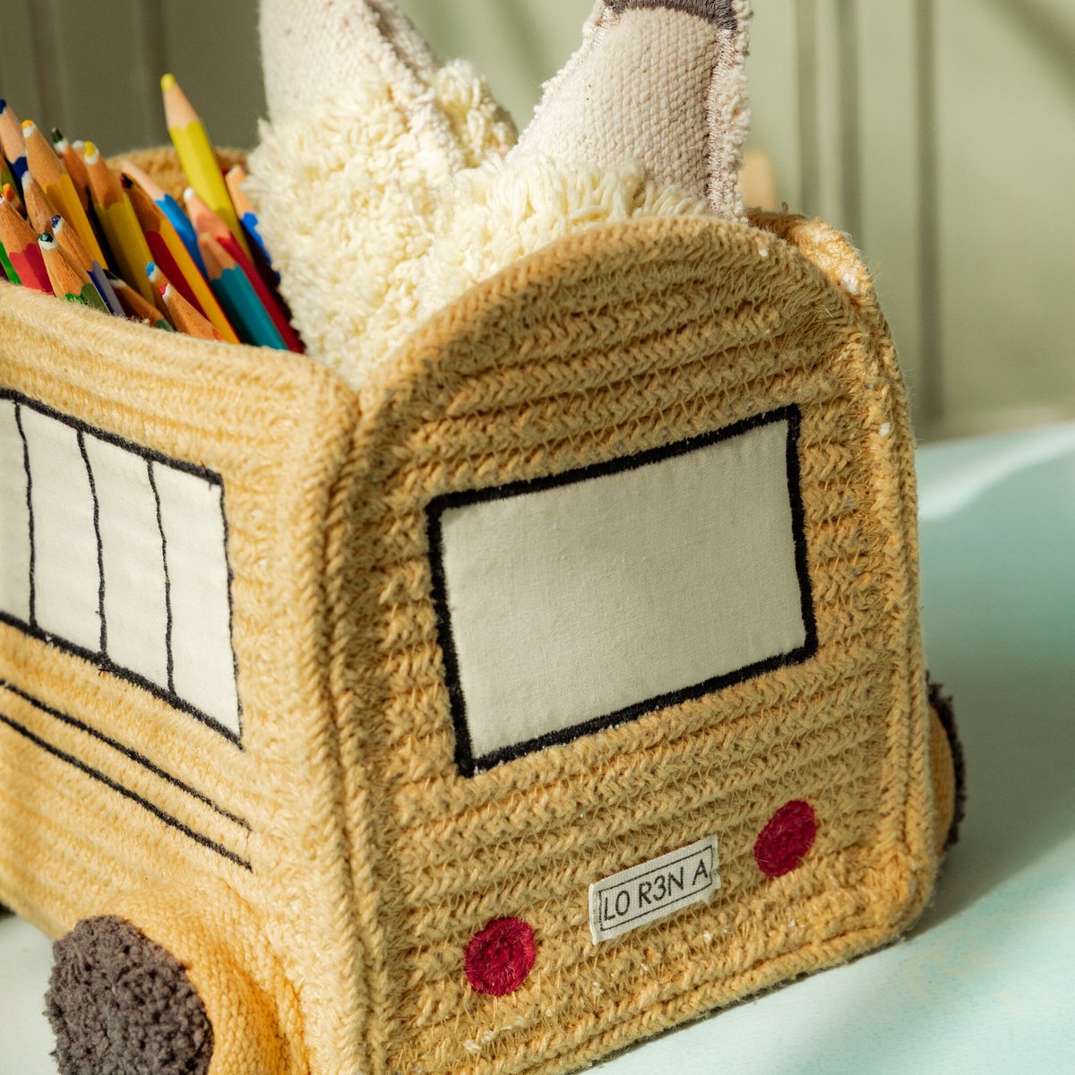 Mini-autobus scolaire à panier BACK TO SCHOOL miel, gris foncé, rouge, naturel, caramel, LORENA CANALS