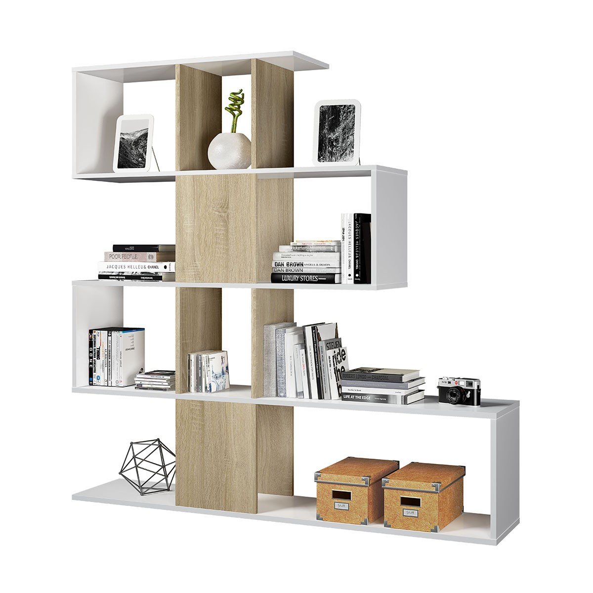 Bibliothèque avec 4 niveaux et 11 compartiments de rangement H145 cm - Zigzag bois clair, CALICOSY