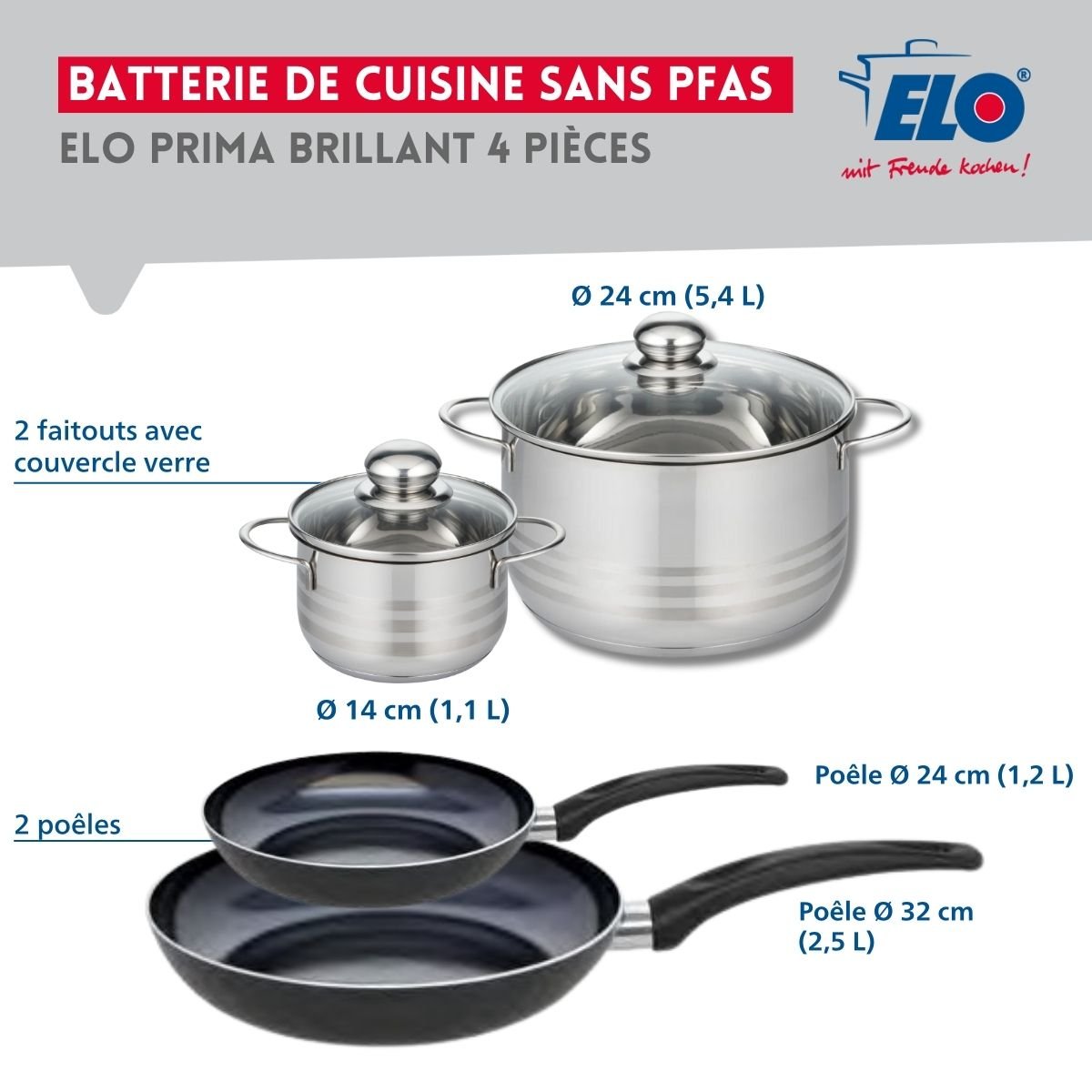 Batterie 2 poêles 24/32cm + 2 faitouts 14/24cm PRIMA BRILLANT noir, ELO