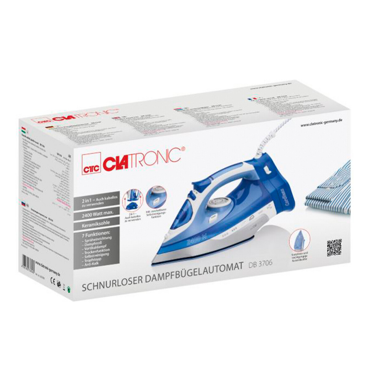 Ferro a vapor sem fios 2400 W, da Clatronic branco/azul, CLATRONIC