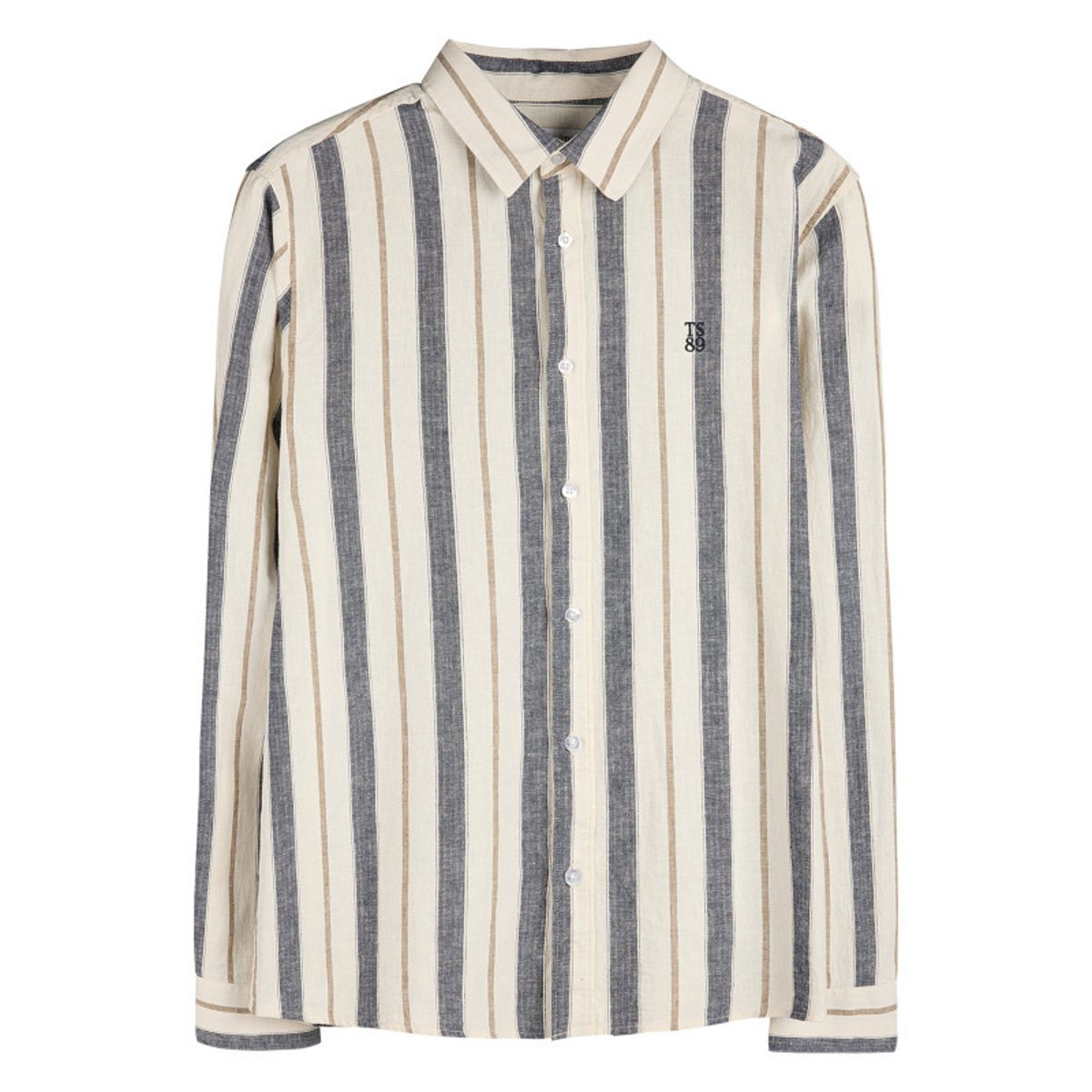 Chemise beige et grise en lin et coton ornée d'un motif à rayures multicolore, TEDDY SMITH