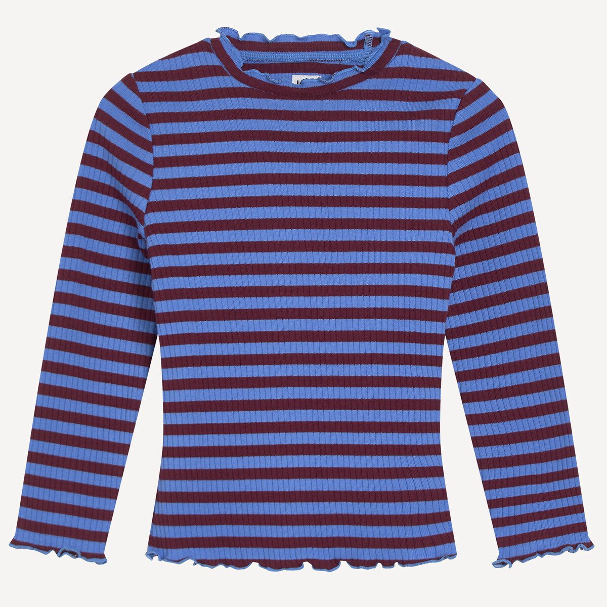 Striped Ribbed Ruffled Collar Long Sleeve T-Shirt burgundy/blue, LA REDOUTE COLLECTIONS