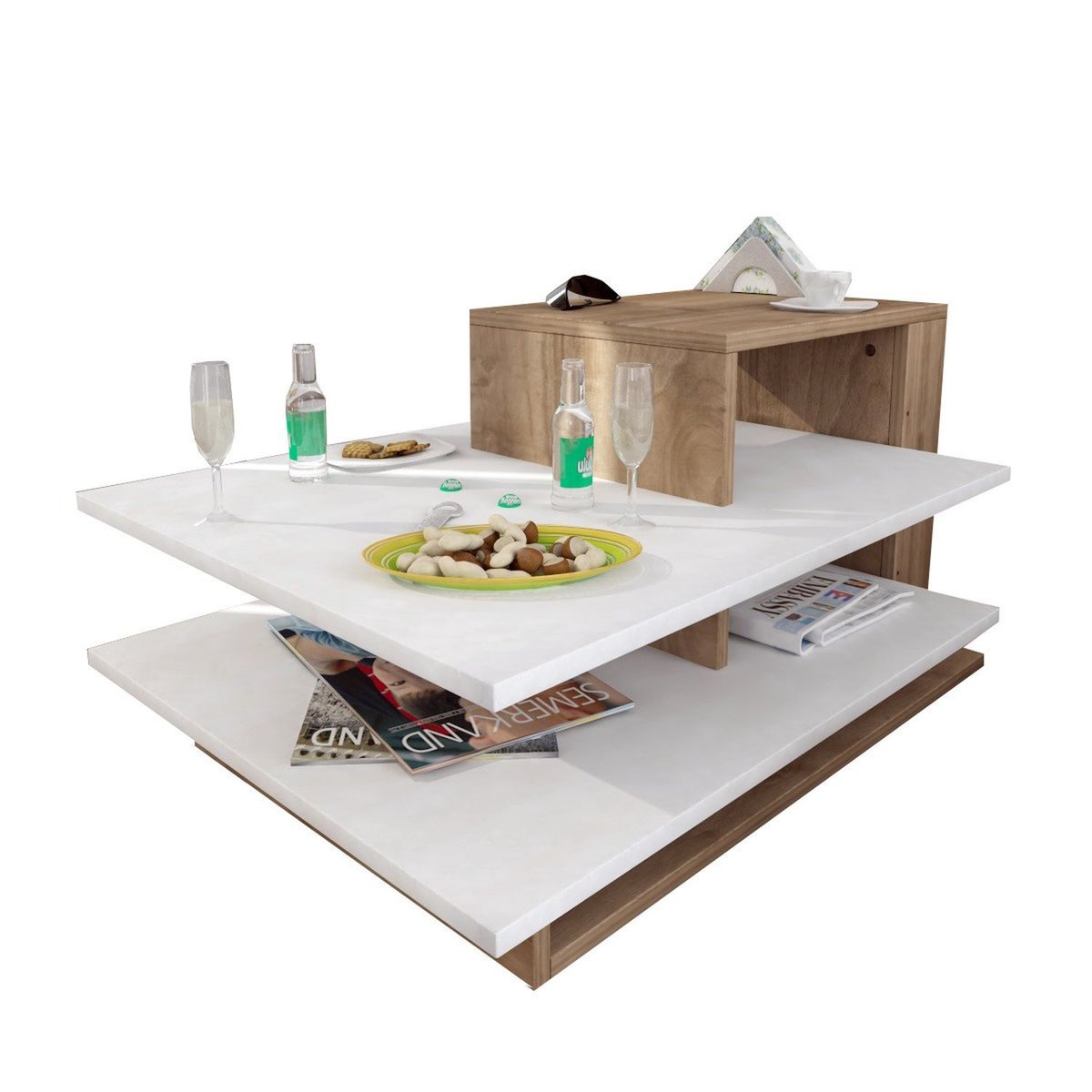 Table basse 2 niveaux et 1 étagère design scandinave VENÜS marron, TOILINUX