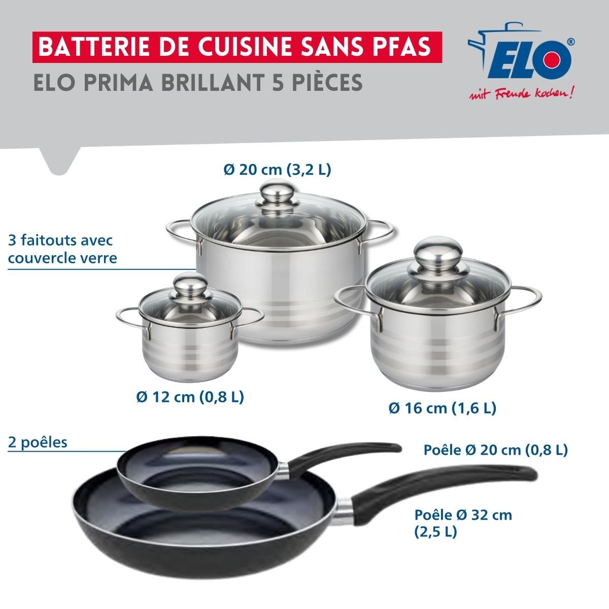 Batterie 2 poêles 20/32cm + 3 faitouts 12/16/20cm PRIMA BRILLANT noir, ELO