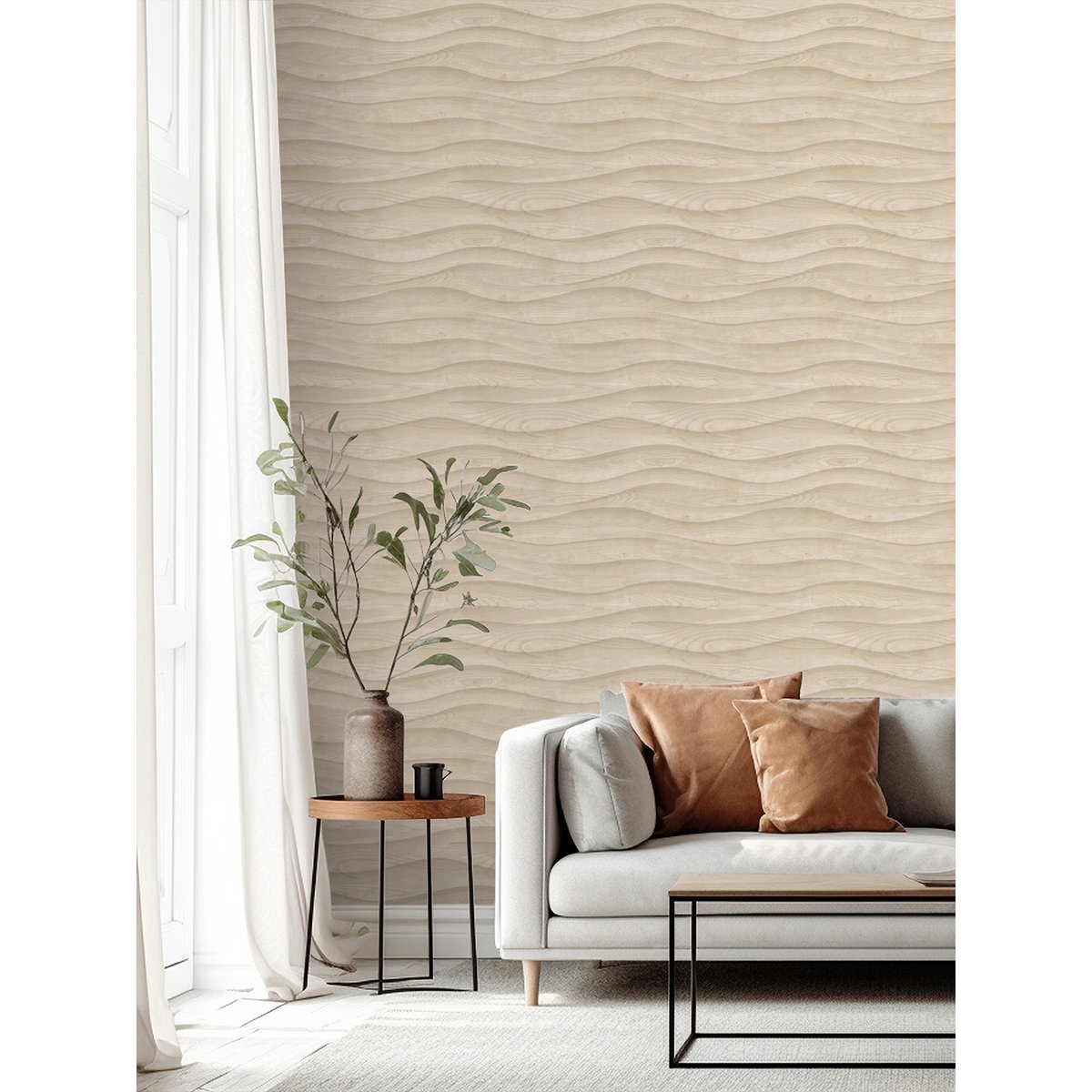 Papier peint effet bois sculpté vagues beige clair marron, HEXOA
