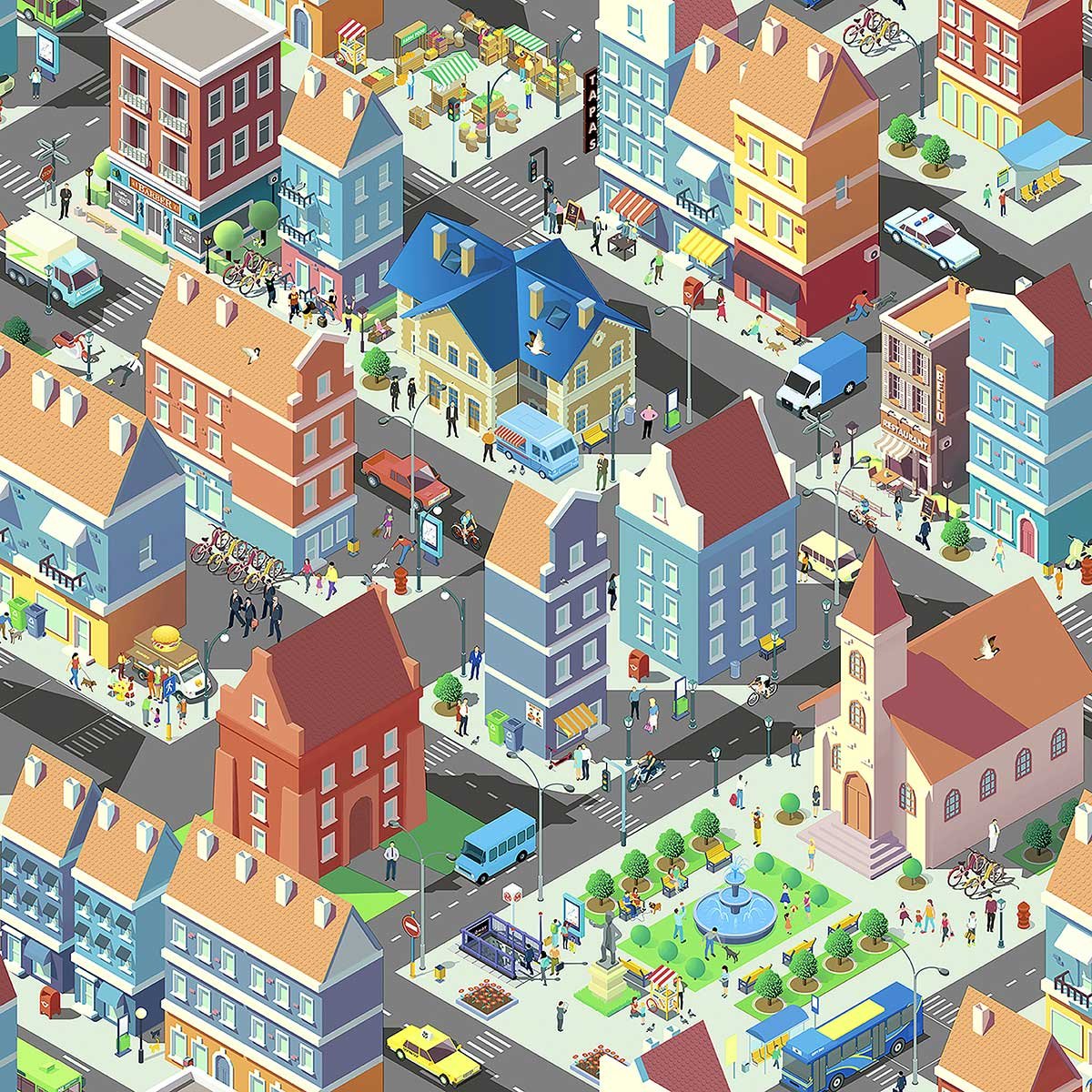Papier peint enfant ville isométrique colorée multicolore, HEXOA