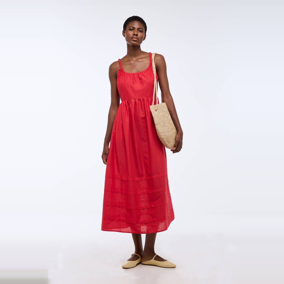 Robe longue à bretelles en coton lin rouge, MONOPRIX