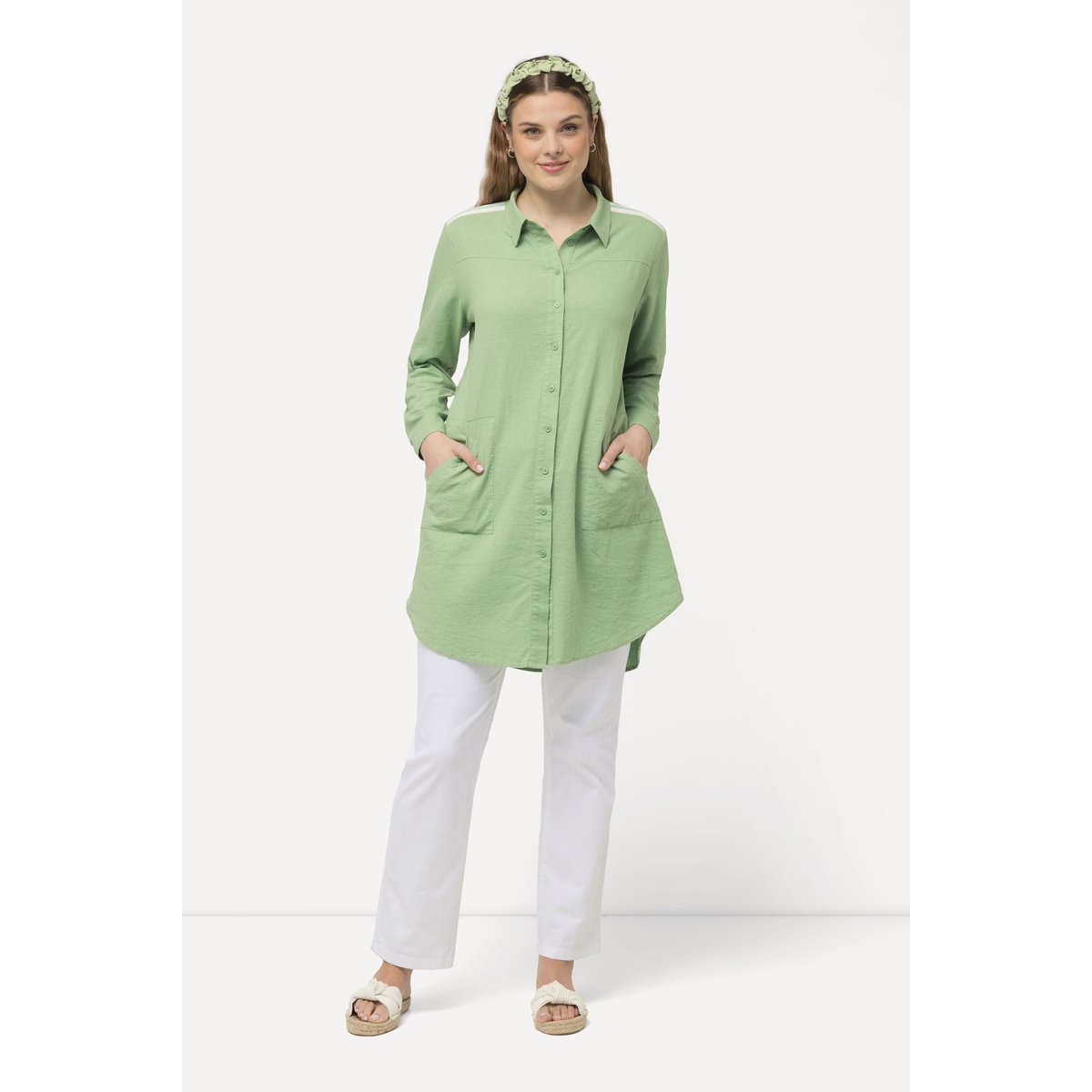 Blouse longue en lin mélangé à col chemise vert clair, ULLA POPKEN