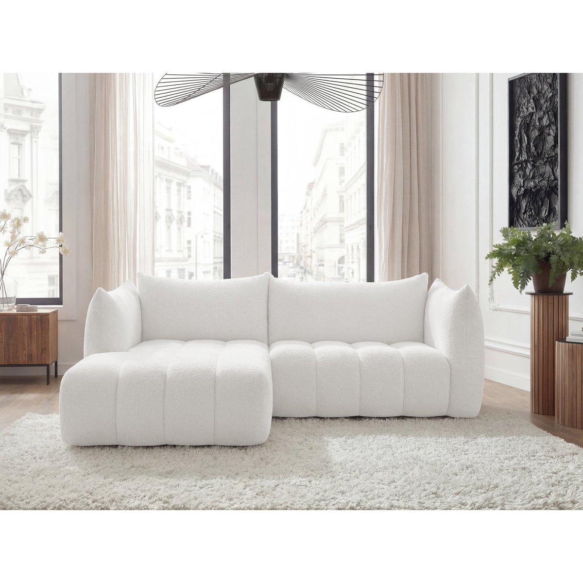 Canapé d'angle fixe 3 places en tissu bouclette, AZRA blanc, BOBOCHIC