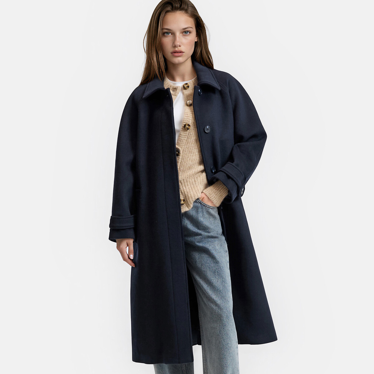 Manteau drap de laine mélangée, Signature ISIDORE bleu marine, LA REDOUTE COLLECTIONS
