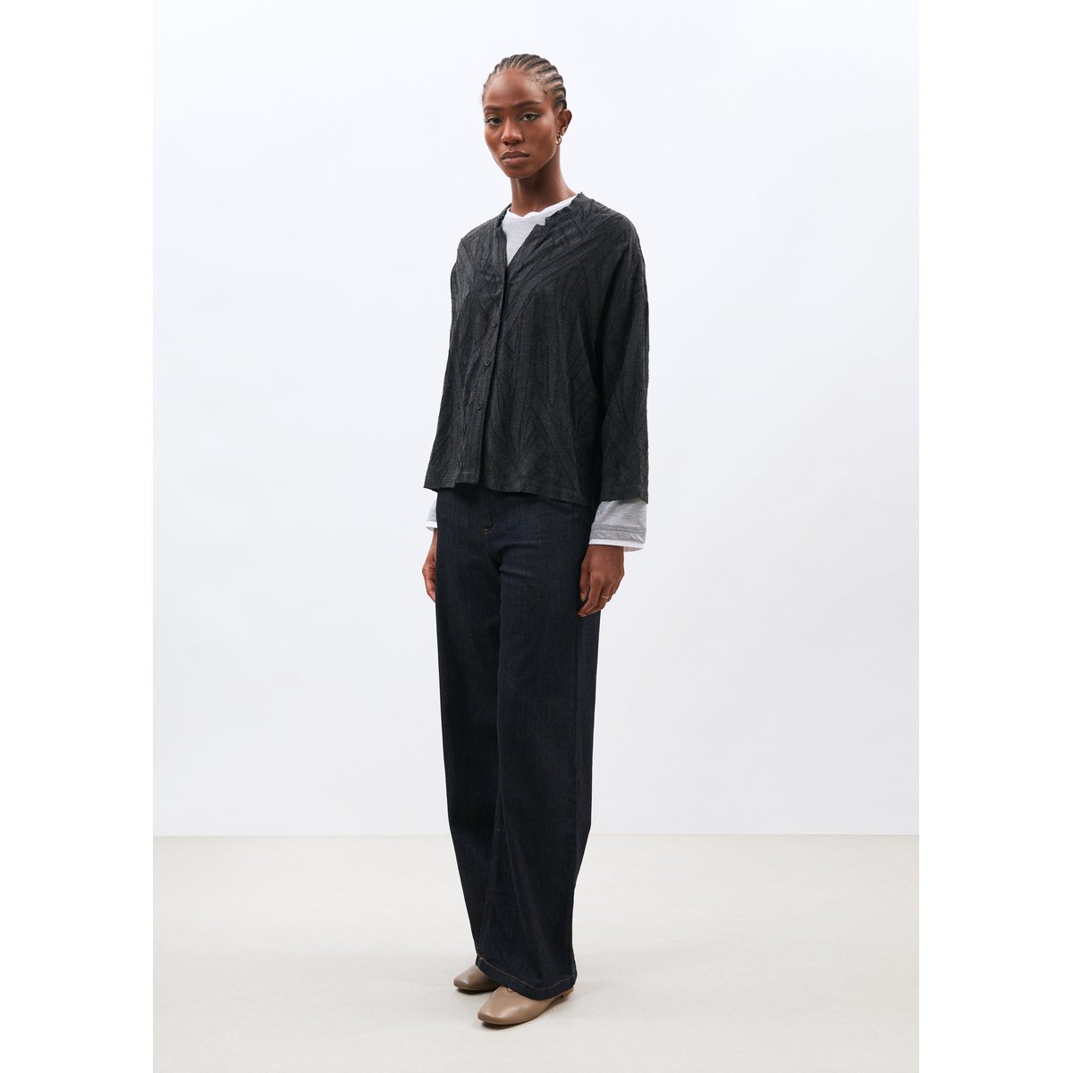 Chemise manches 3/4 en flanelle jacquard anthracite, HUMILITY