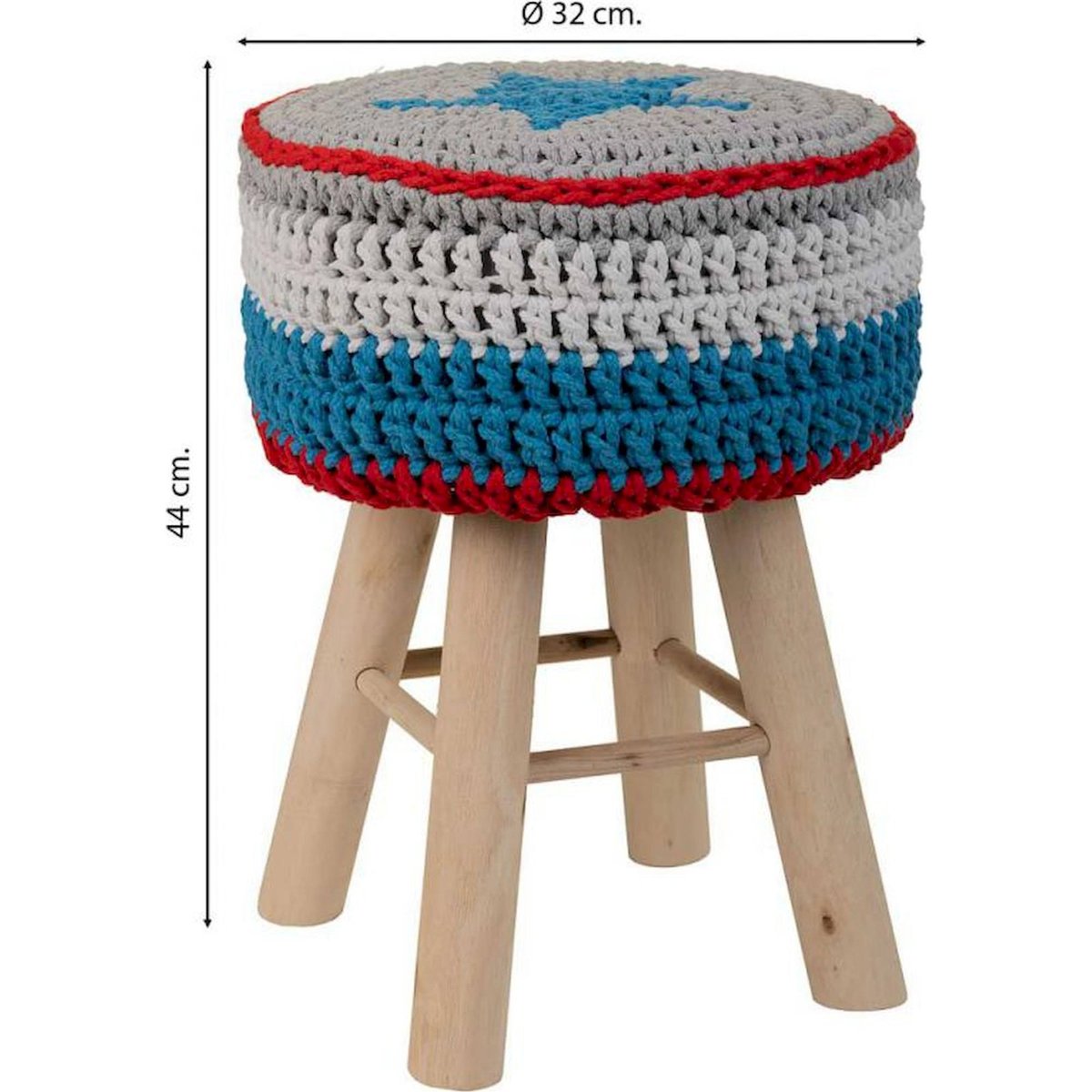 Tabouret rond en bois, Assise en coton bleu tressé et bois naturel clair, RECOLLECTION