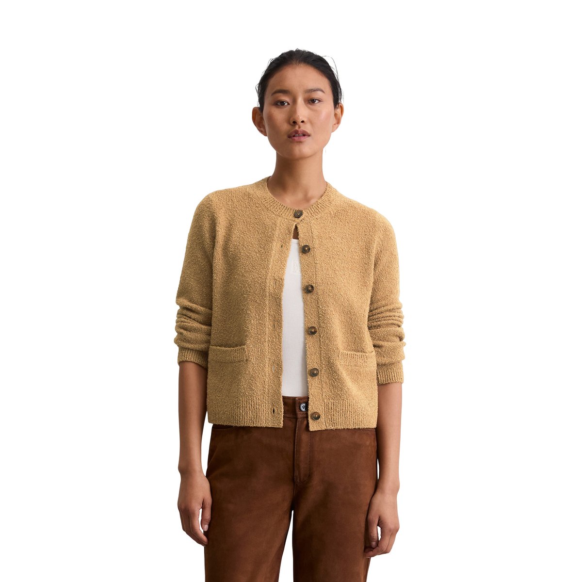 Cardigan regular en fil bouclé beige, MARC O'POLO