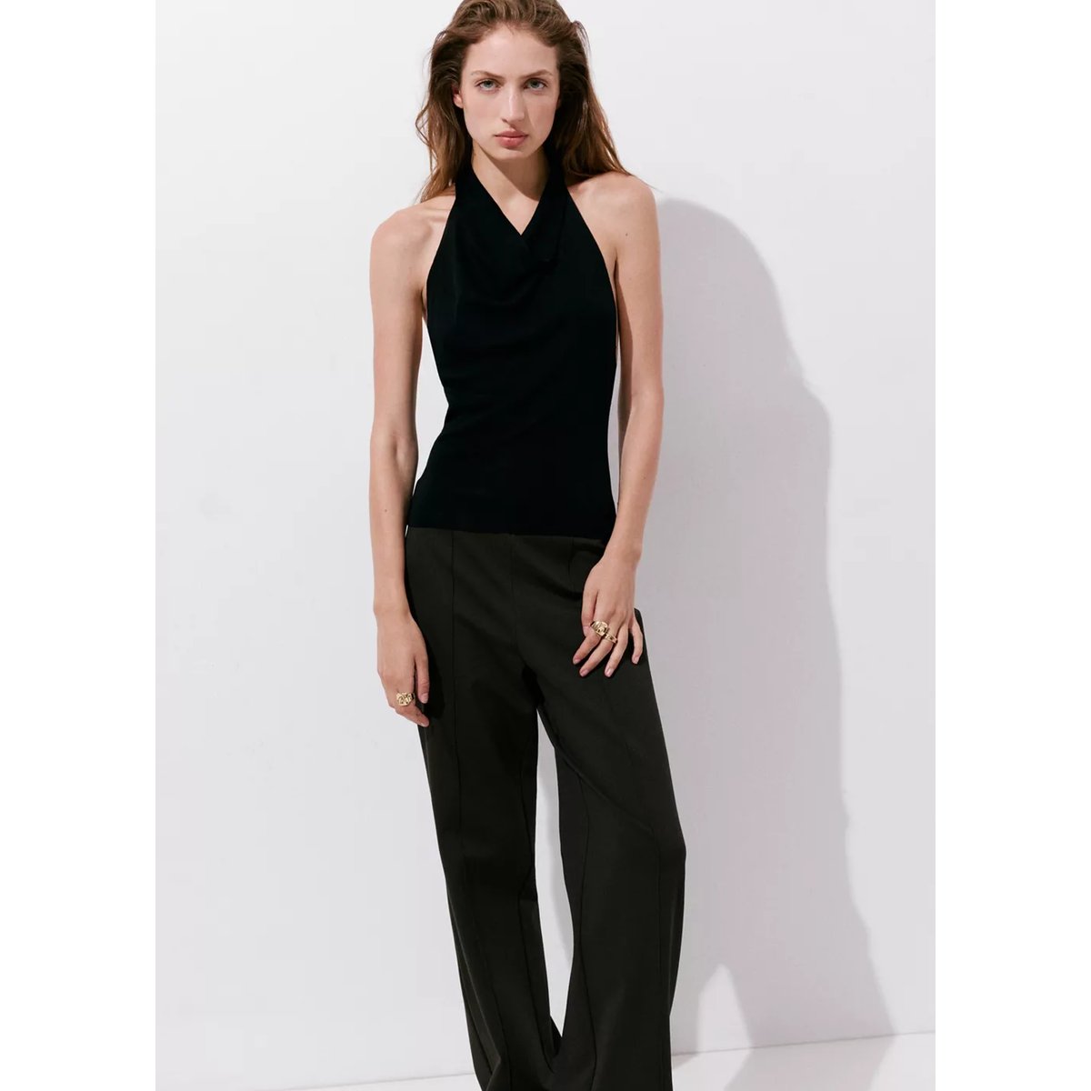 Pantalon droit détail coutures marron, MANGO