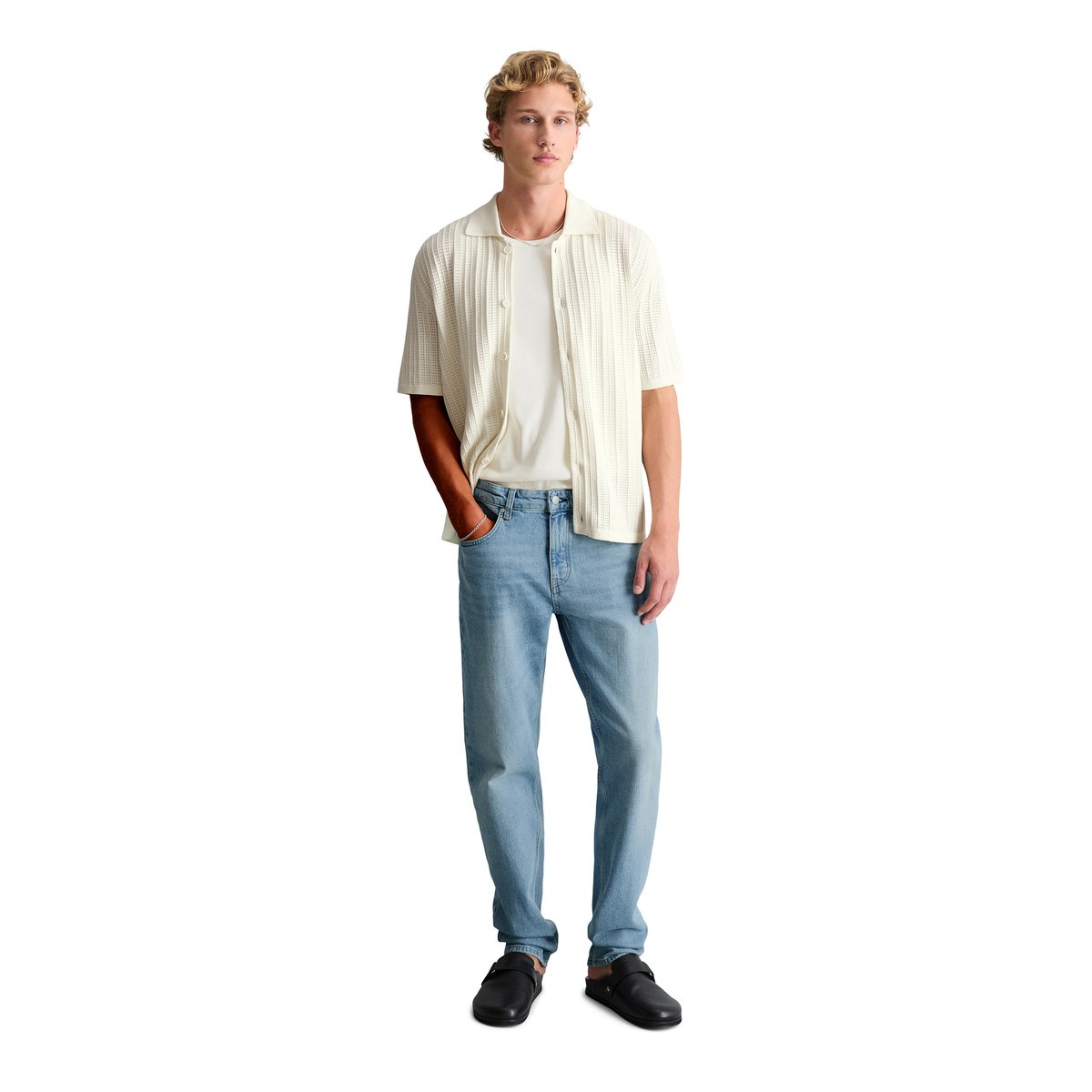 Veste en maille DfC à manches courtes style polo regular avec structure ajourée blanc, MARC O’POLO DENIM
