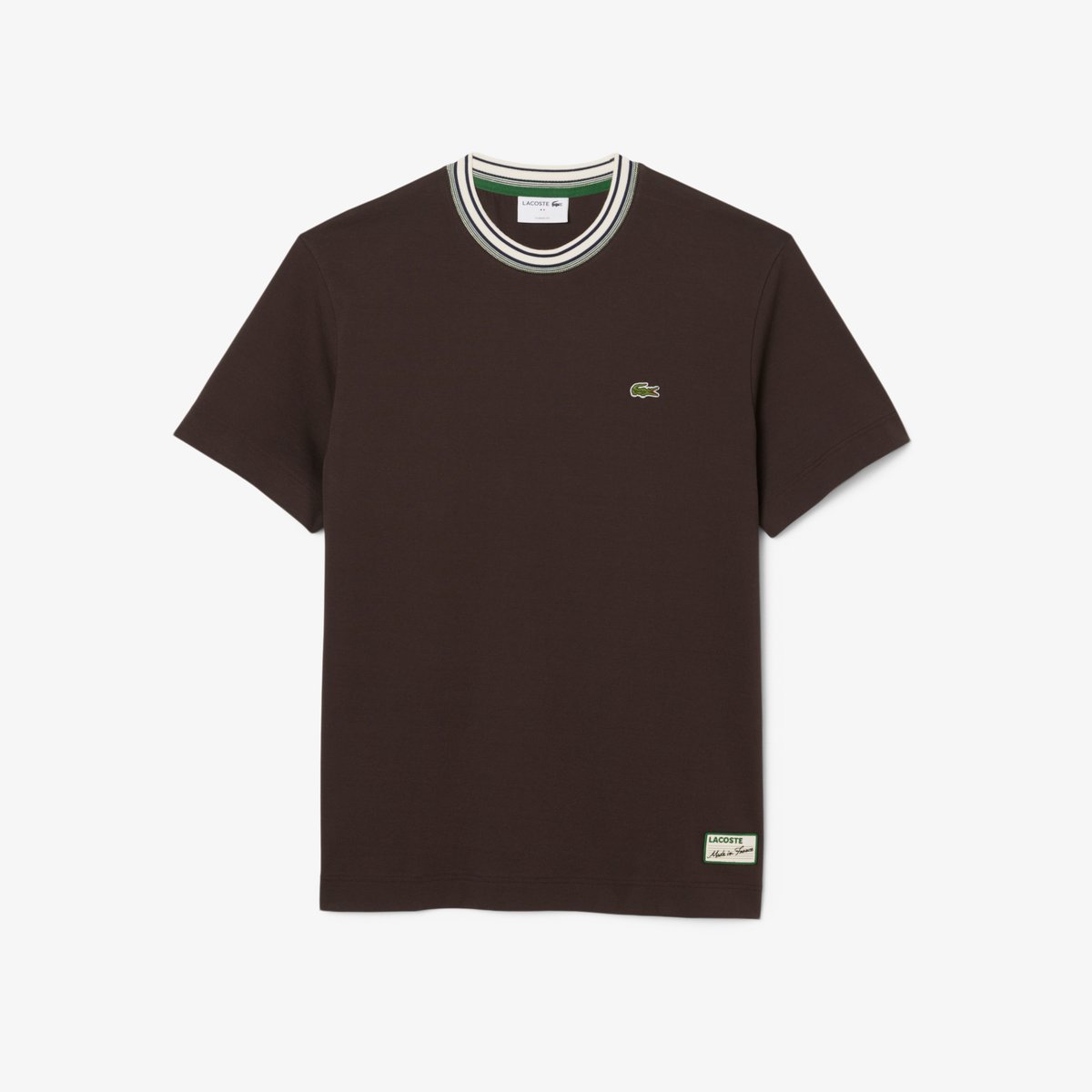 T-shirt fabriqué en France col rayé marron-skb, LACOSTE