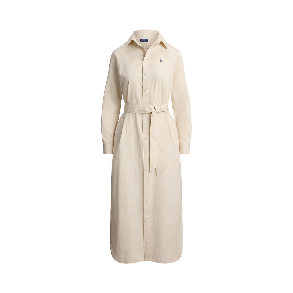 Abito chemisier a righe, maniche lunghe con cintura righe beige / bianco, POLO RALPH LAUREN