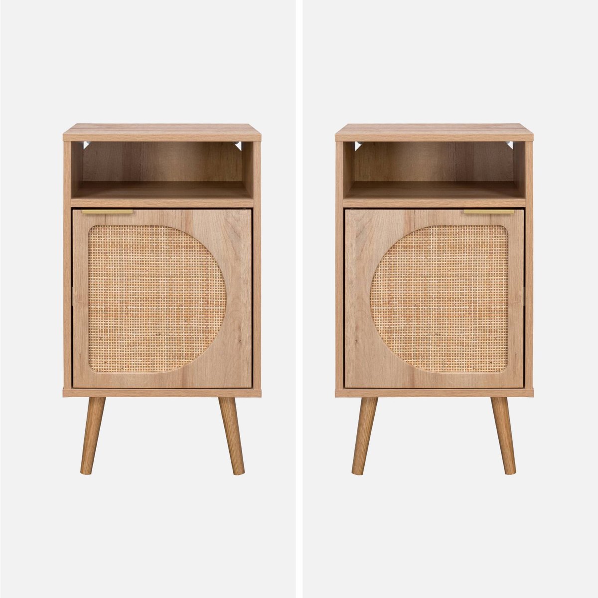 Table de chevet décor bois et cannage arrondi 1 porte (lot de 2) EVA naturel, SWEEEK