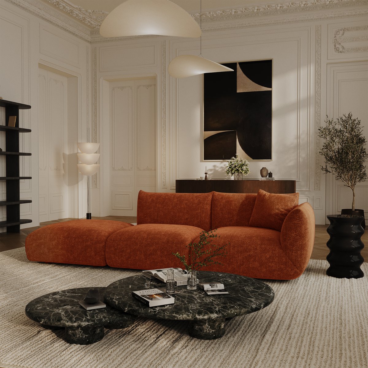 Canapé modulable 5 places en velours chenillé NOOMA terracotta, SIA HOME