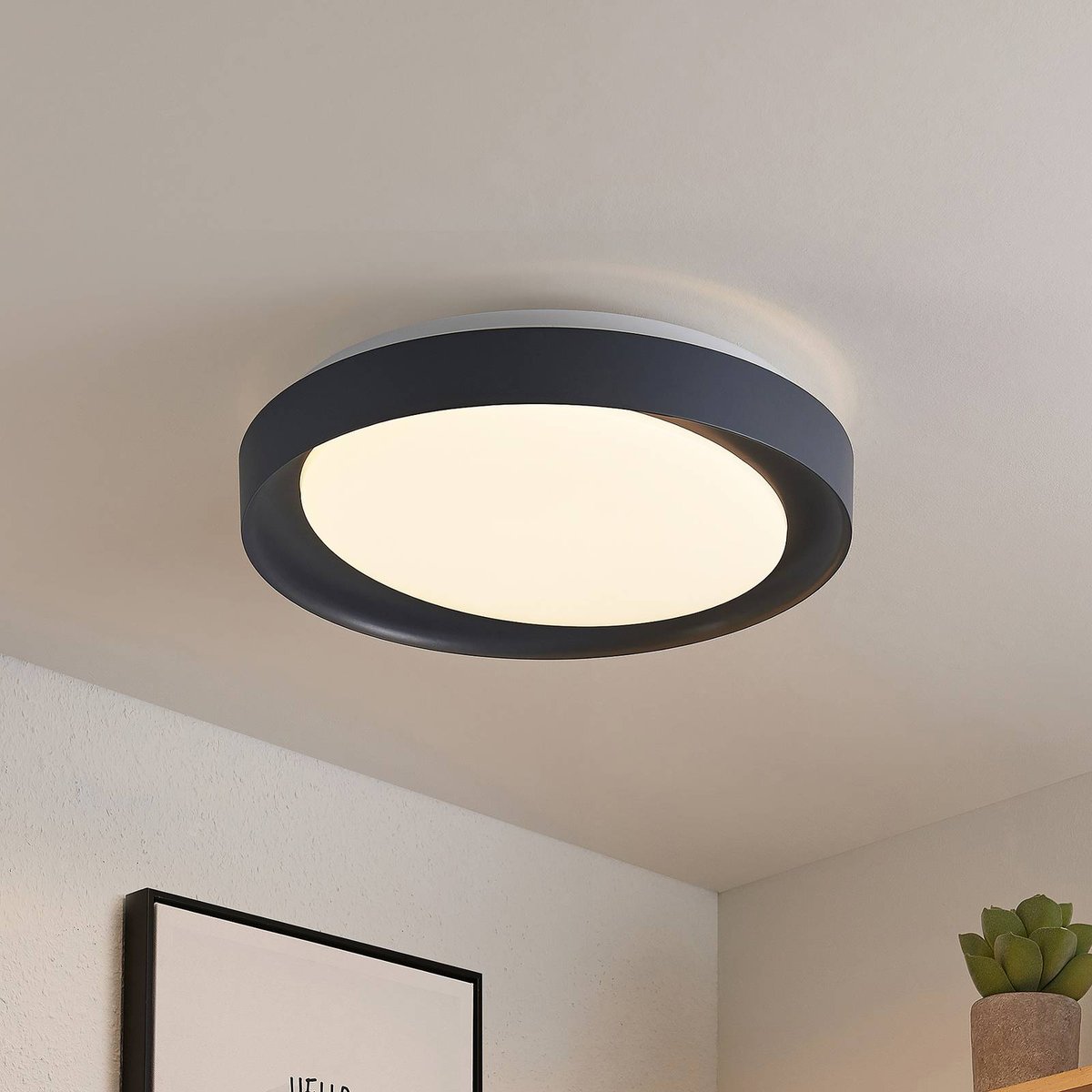 Plafonnier moderneLED, Alyano blanc, gris foncé, LINDBY