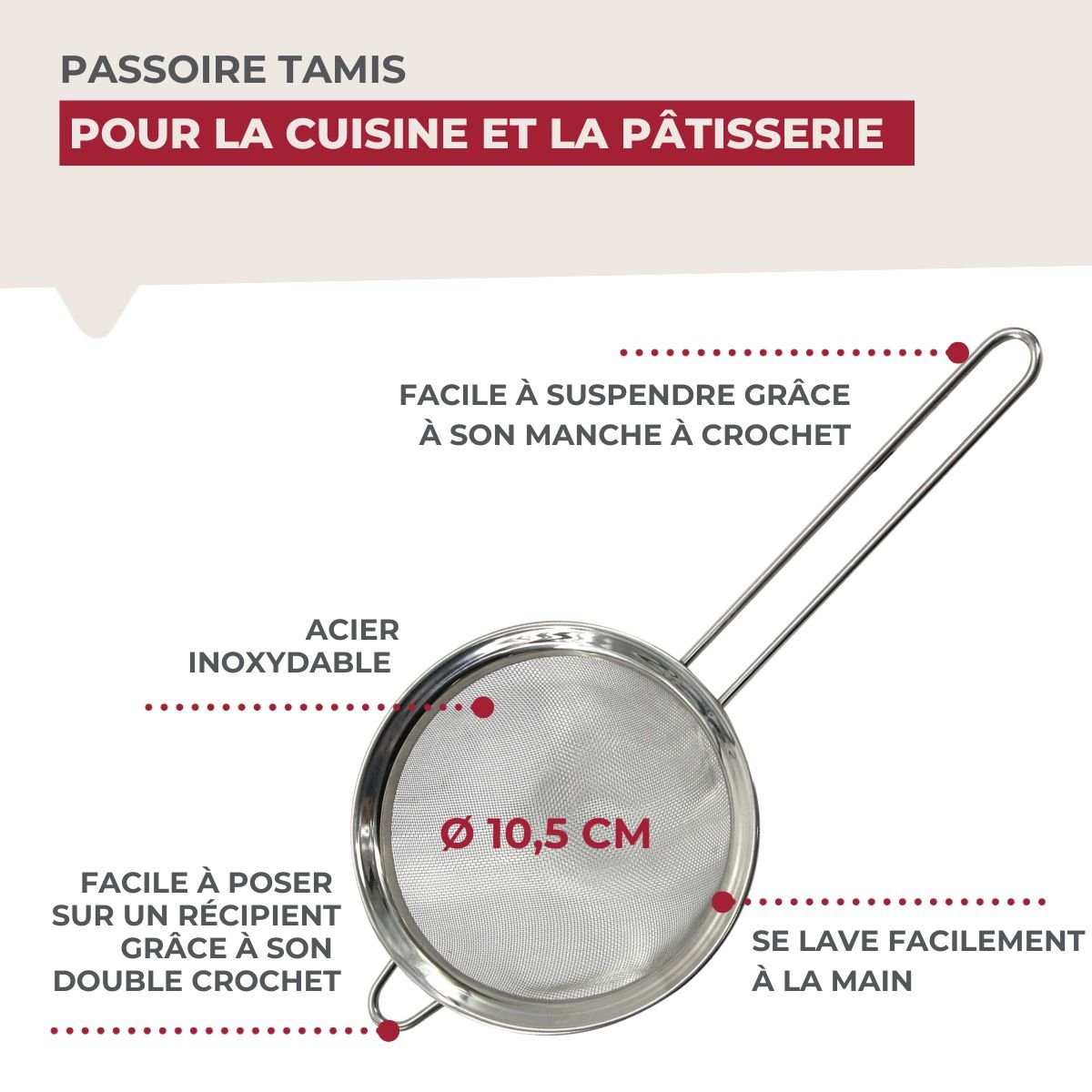 Passoire Chinois 10,5 cm de diamètre en inox gris, FACKELMANN