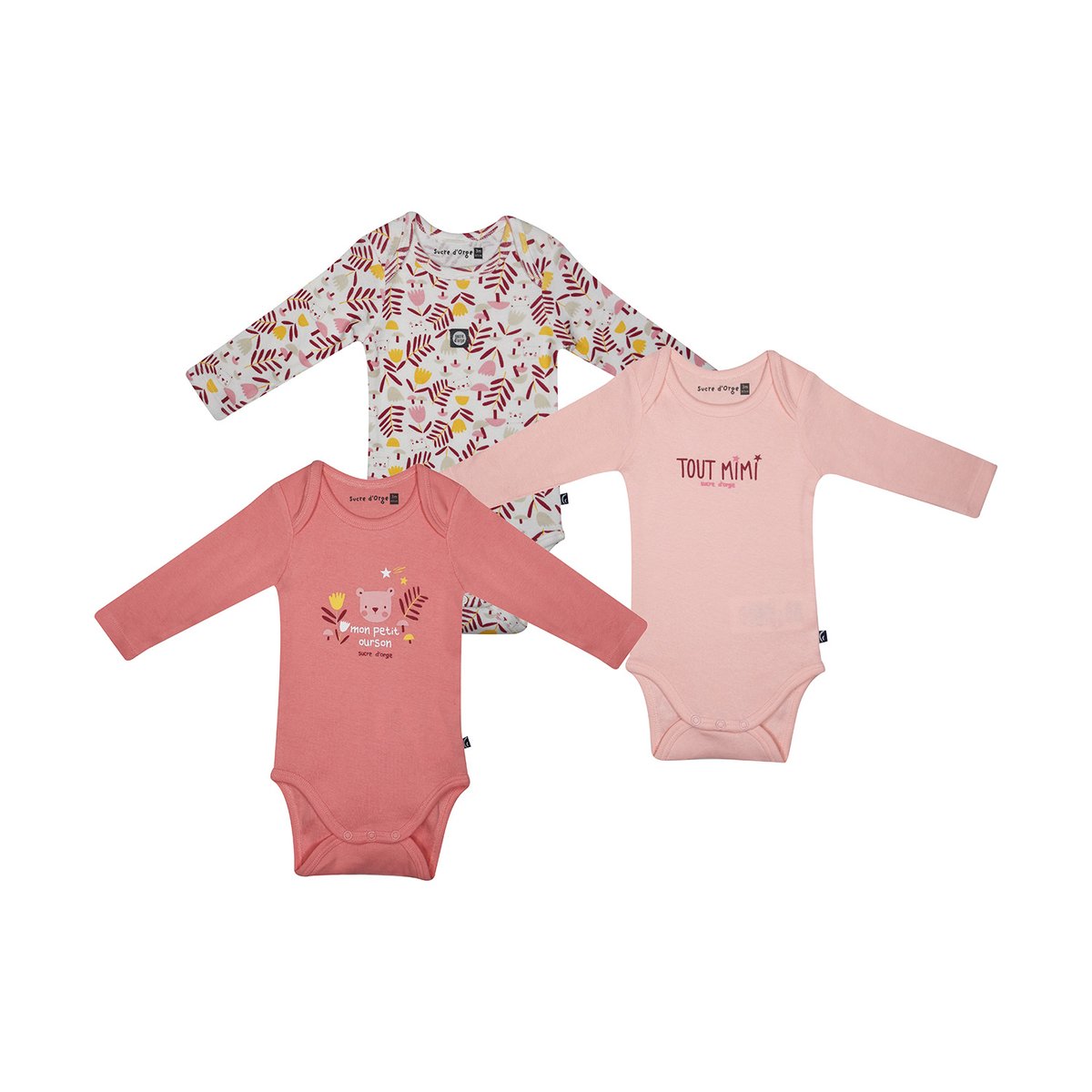 Lot de 3 bodies idalina manches longues bebe rose, SUCRE D'ORGE