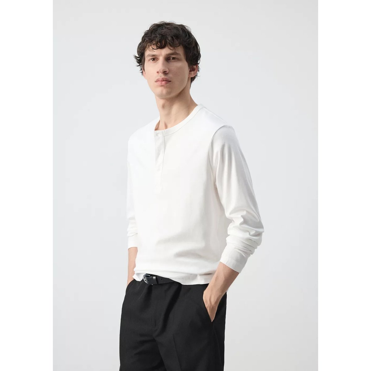 T-shirt 100 % coton col boulanger blanc, MANGO MAN