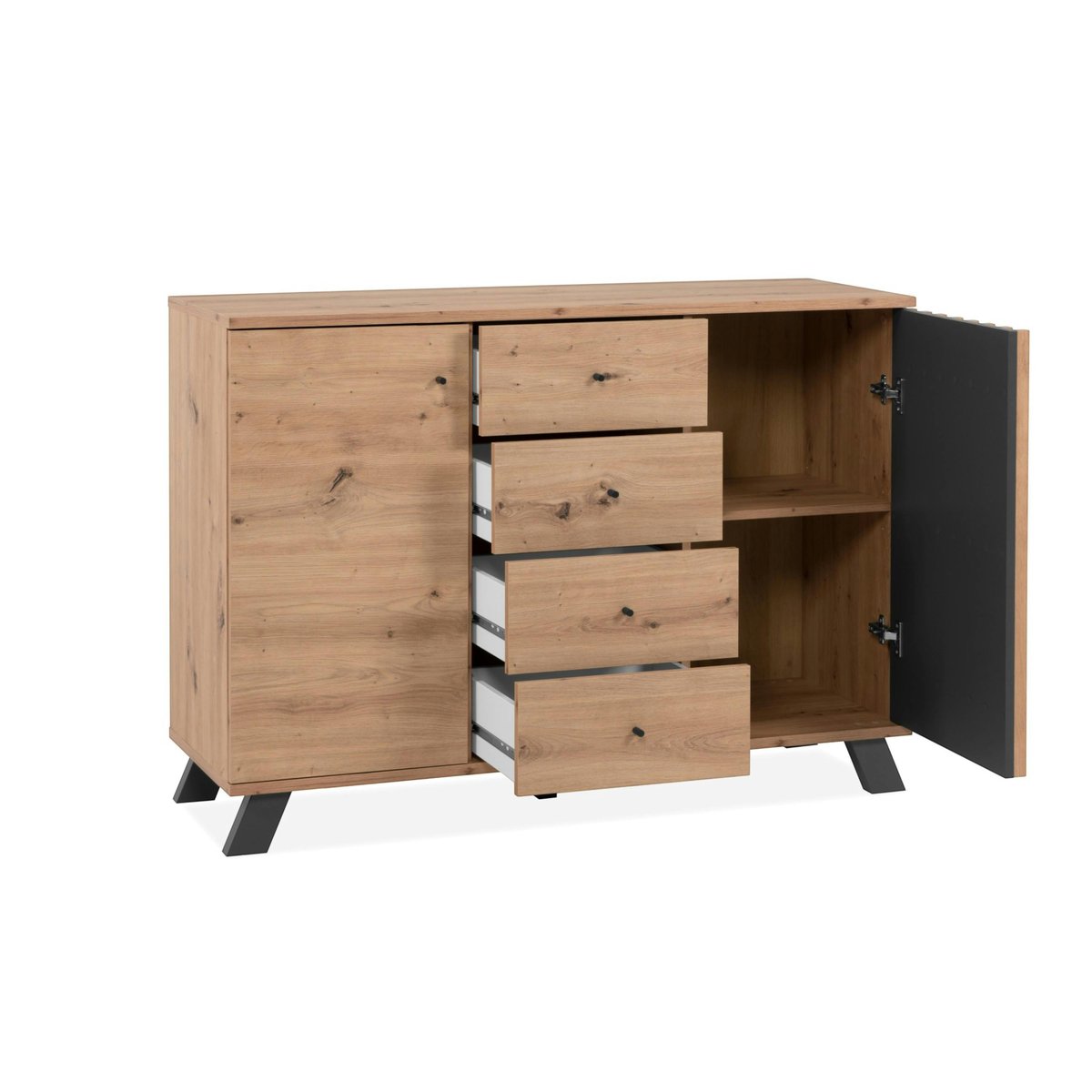 Buffet moderne 1 porte noire rainurée 4 tiroirs ALVA bois naturel, PIER IMPORT