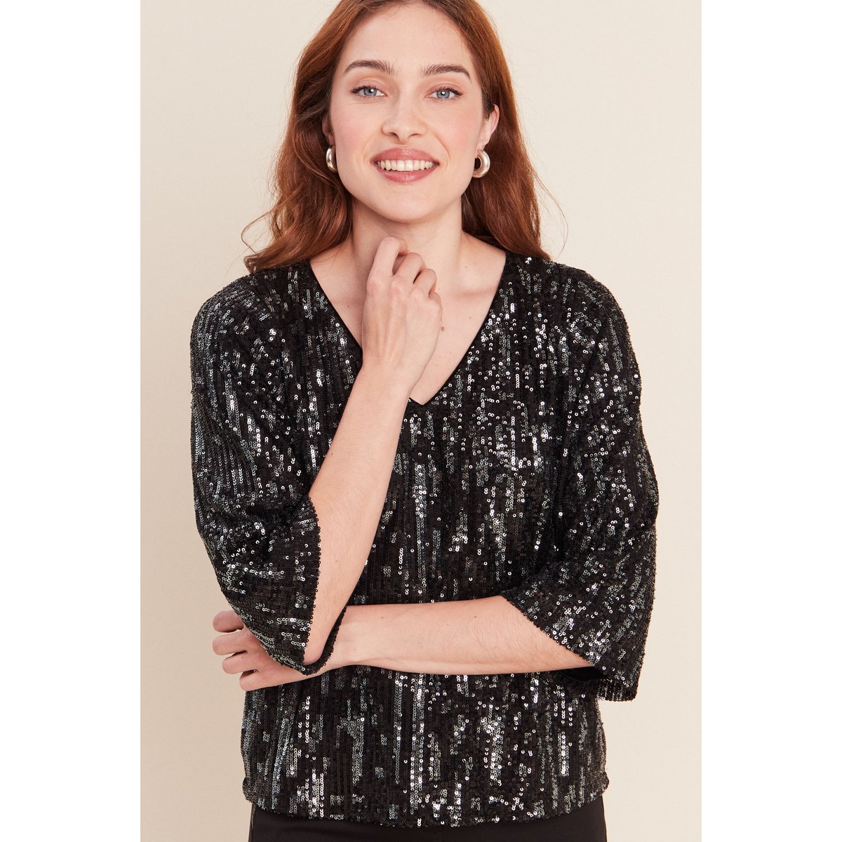 Blouse col v manches 3/4 à sequins gris foncé, BREAL