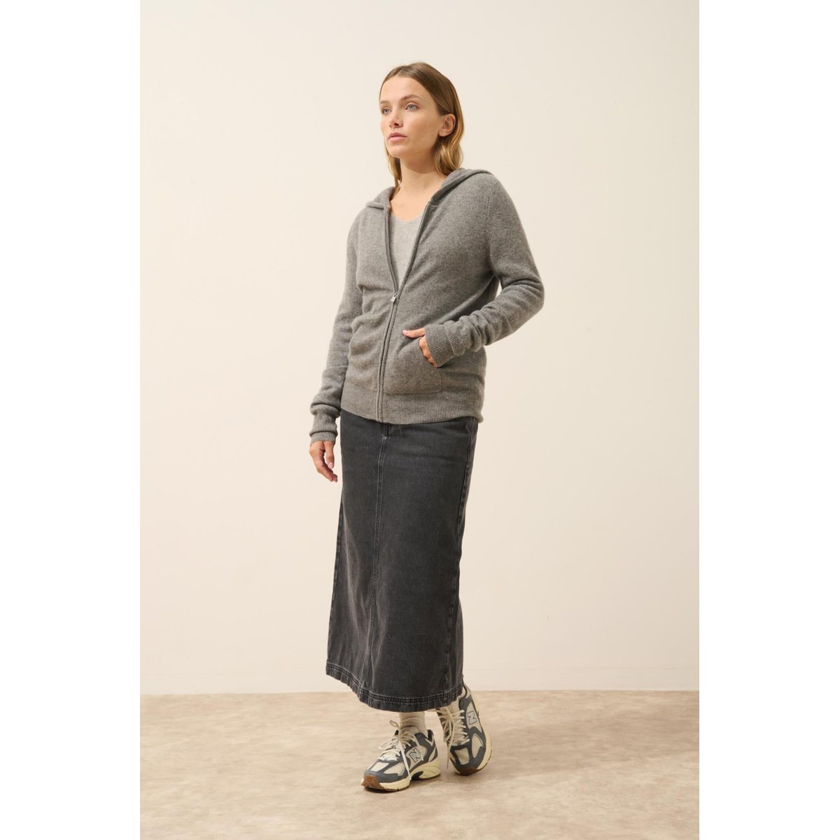 Gilet Zippé Capuche Flanelle Chiné Debbie gris chiné, JUST CASHMERE