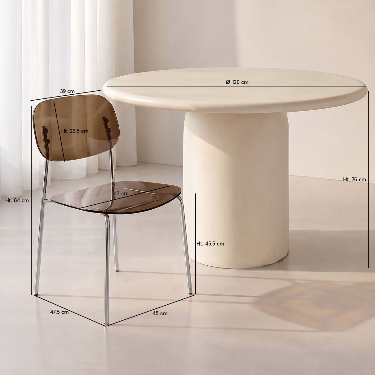 Table ronde effet béton Ø120cm avec 4 chaises GLAM couleur unique, NOW'S HOME