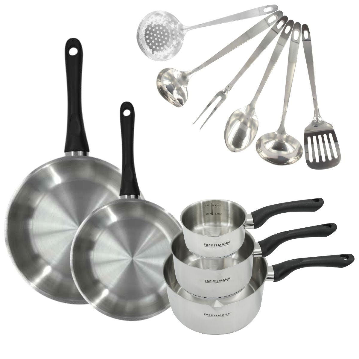 Batterie de cuisine 2 poêles 24/28cm + 3 casseroles 6cm GENEVA inox|noir, FACKELMANN