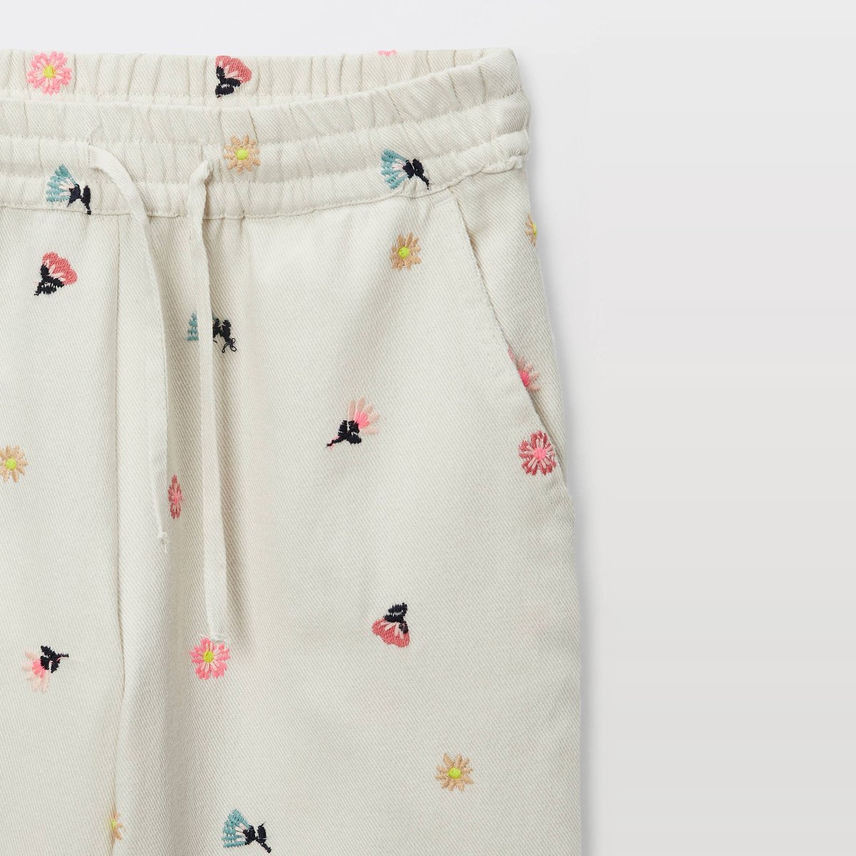 Pantalon brodé en denim léger naturel, MONOPRIX