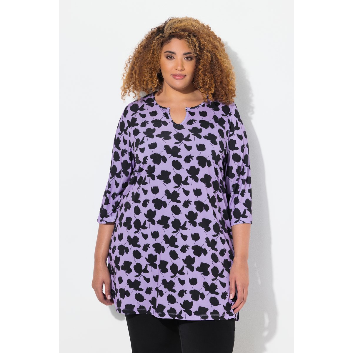T-shirt long, col tunisien et manches 3/4 lavande, ULLA POPKEN
