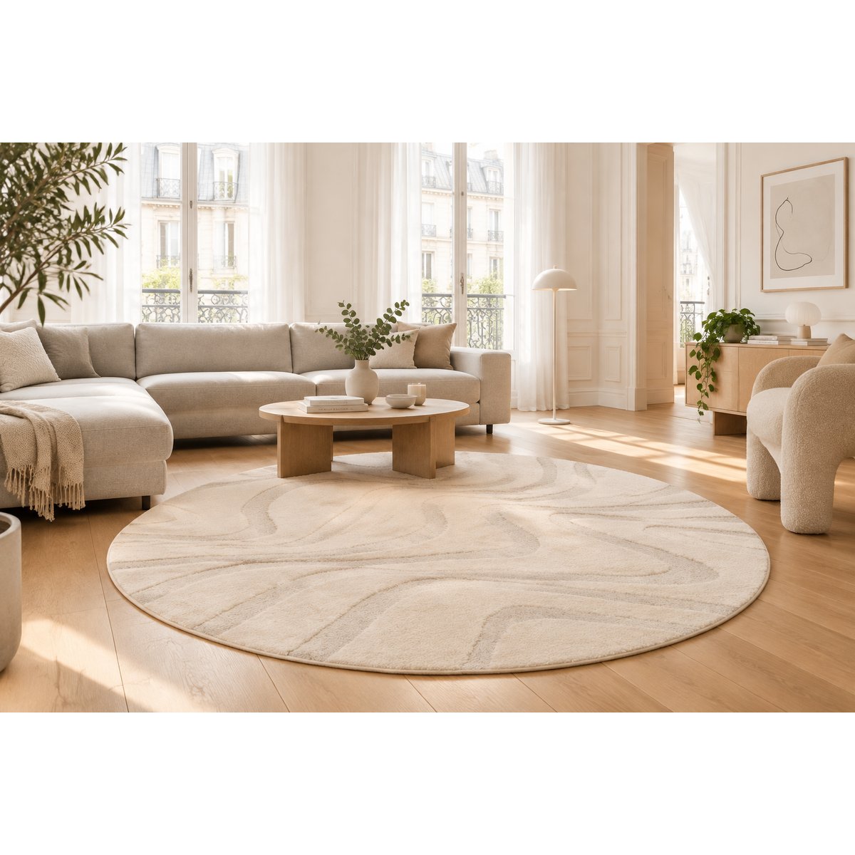 Tapis rond design avec effet relief NAYA beige sable, AFK LIVING
