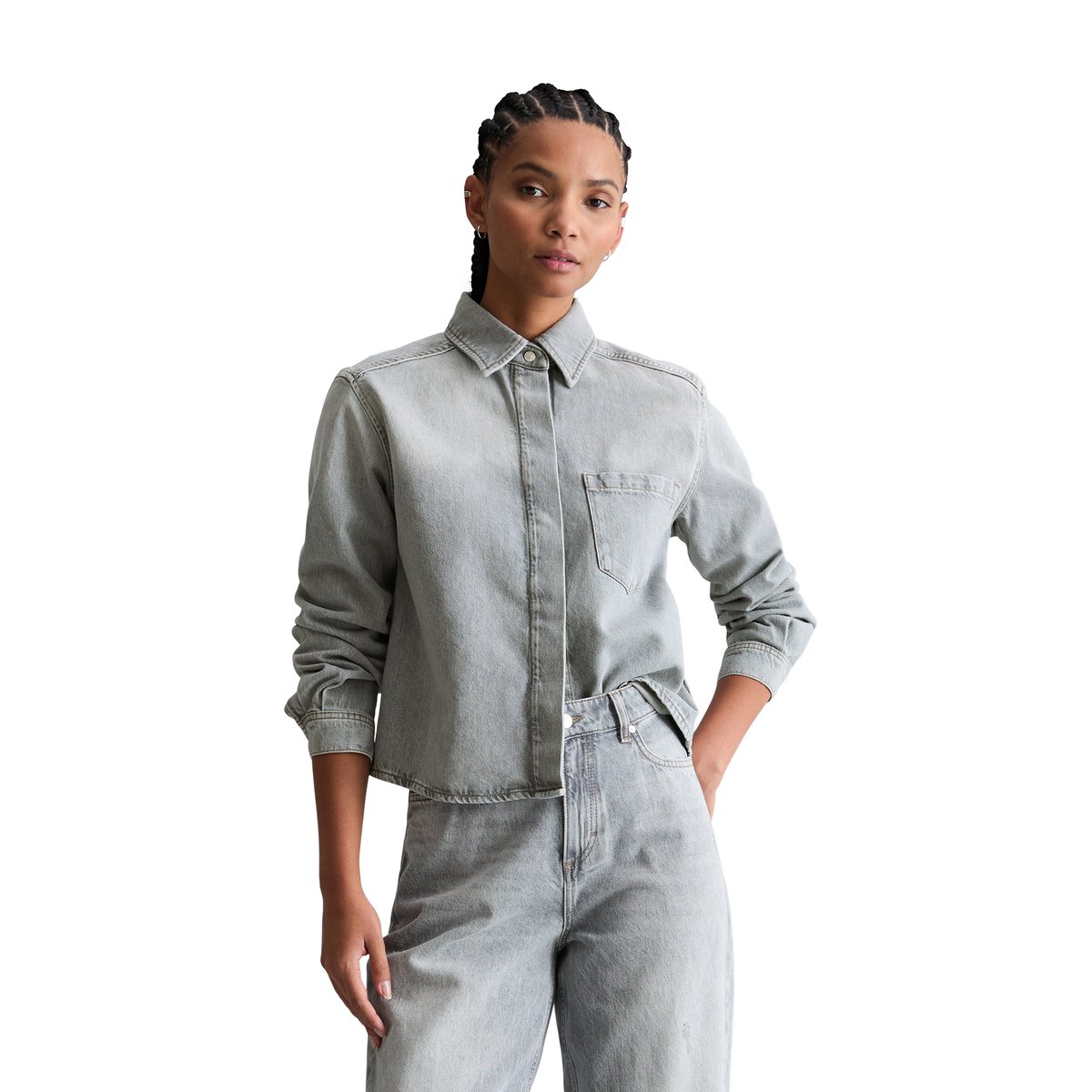 Chemise en jean relaxed en denim rigide gris clair, MARC O’POLO DENIM