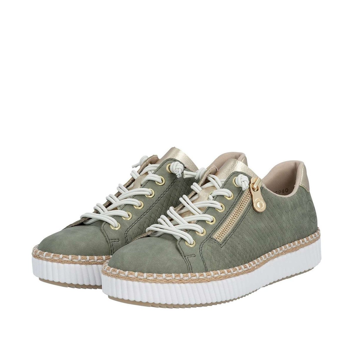 Tennis en cuir blanches à talon plat avec des lacets et un zip latéral vert, RIEKER