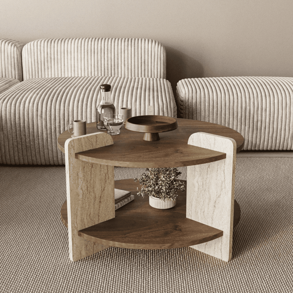 Table basse double plateau MILO noyer / travertin, CALICOSY
