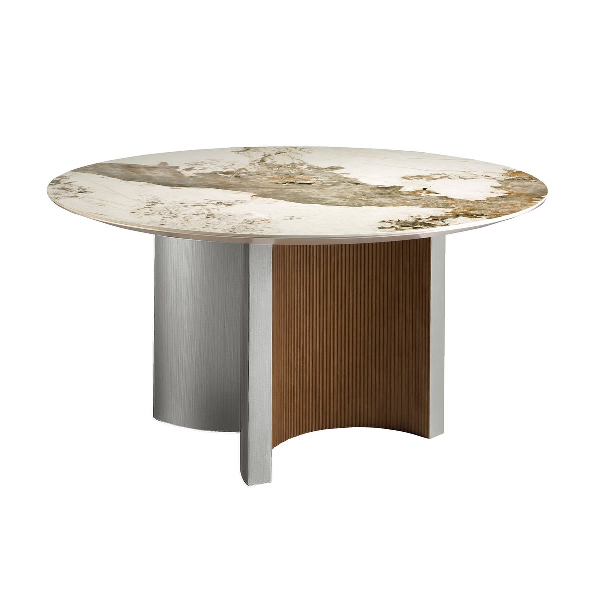 Table de salle à manger ronde en marbre porcelaine, noyer et bois argenté blanc | noyer | argent, ANGEL CERDA